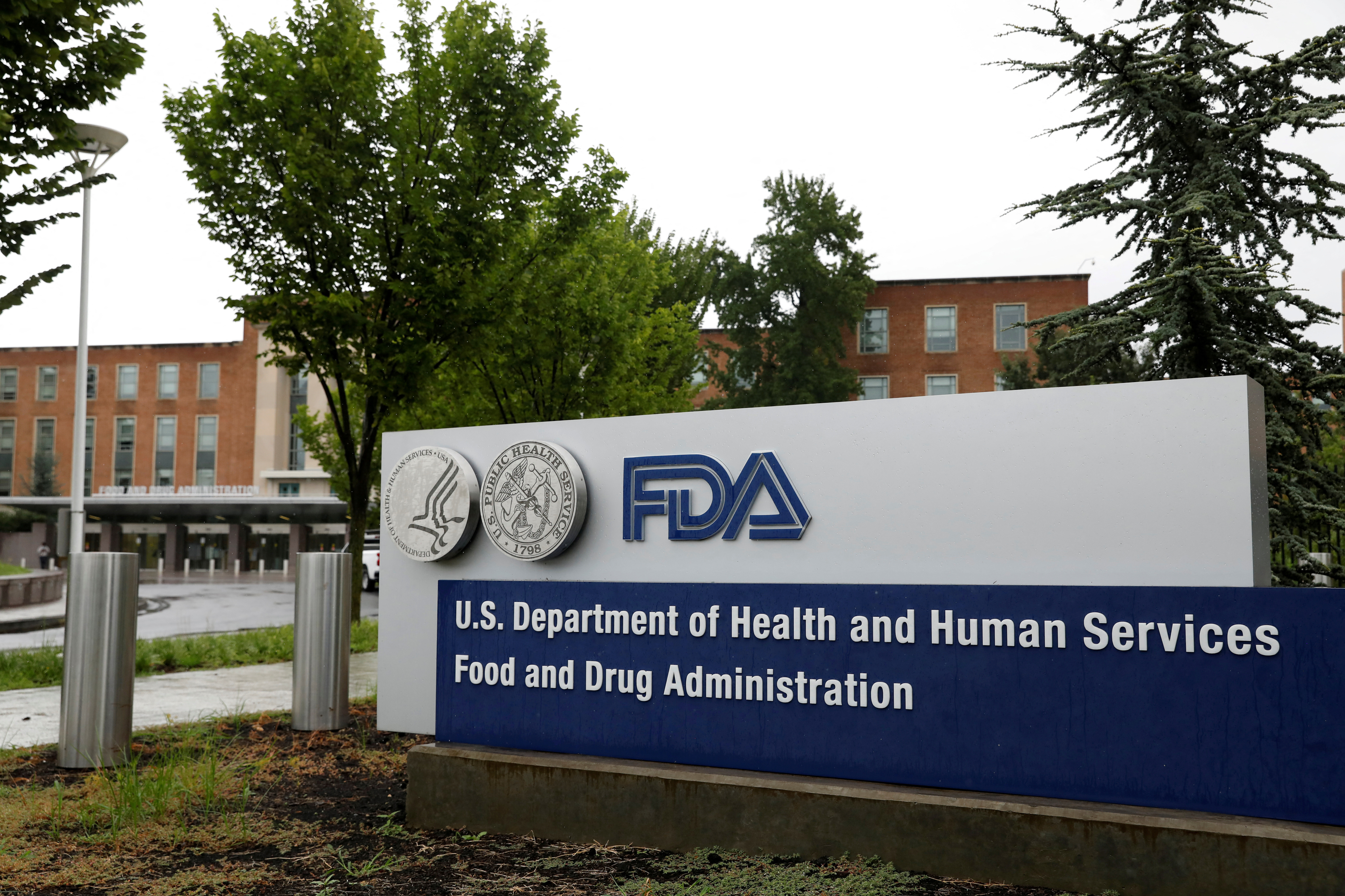 Signage is seen outside of FDA headquarters in White Oak, Maryland