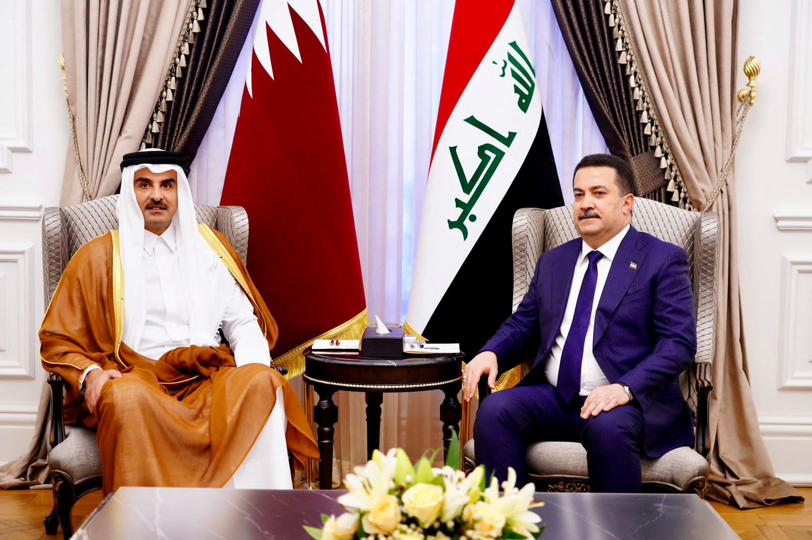 Iraqi PM Mohammed Shia al-Sudani meets with Qatar's Emir Sheikh Tamim bin Hamad al-Thani, in Baghdad