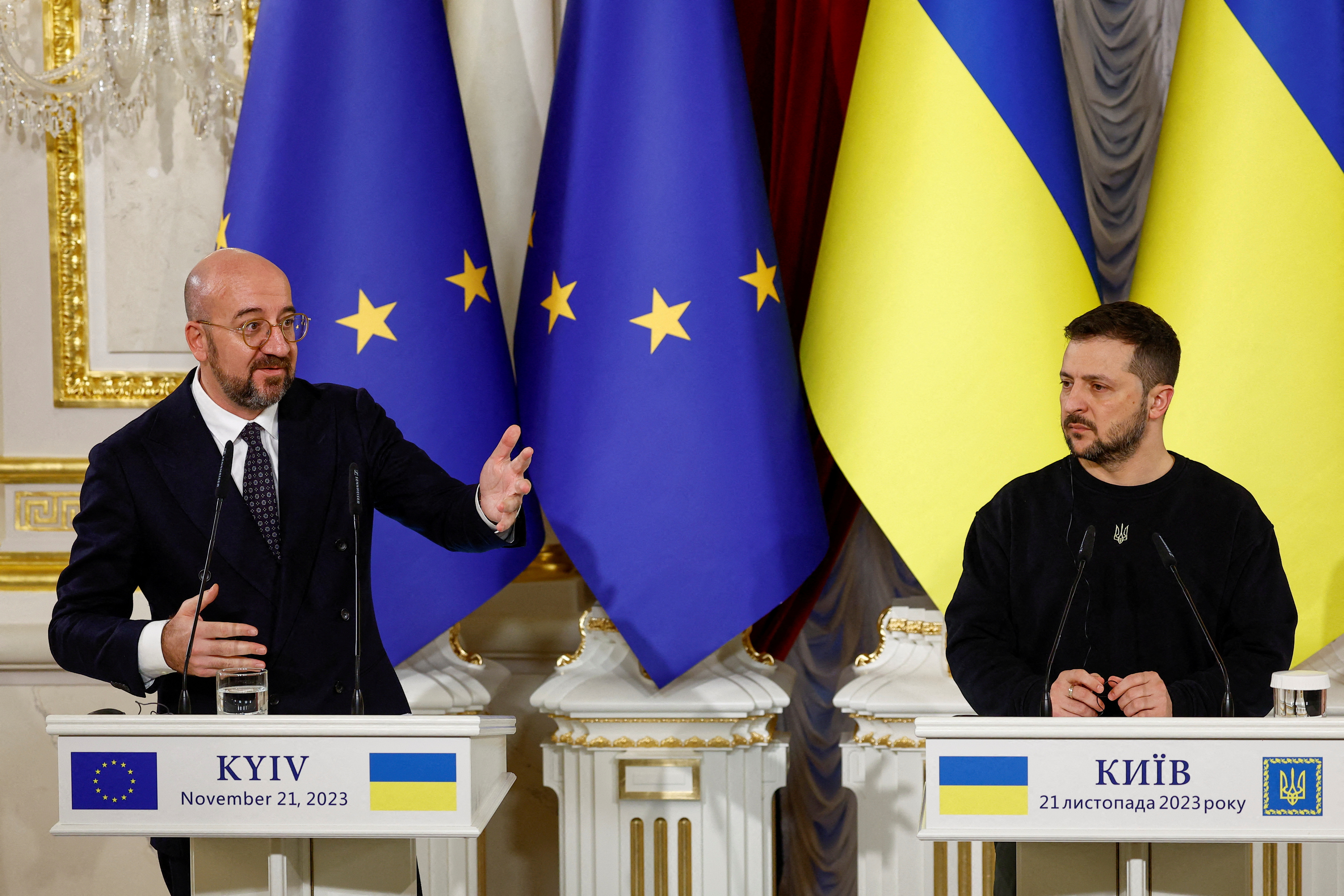 Ukraine's President Zelenskiy, Moldova's President Sandu and President of the European Council Michel attend a joint press conference in Kyiv