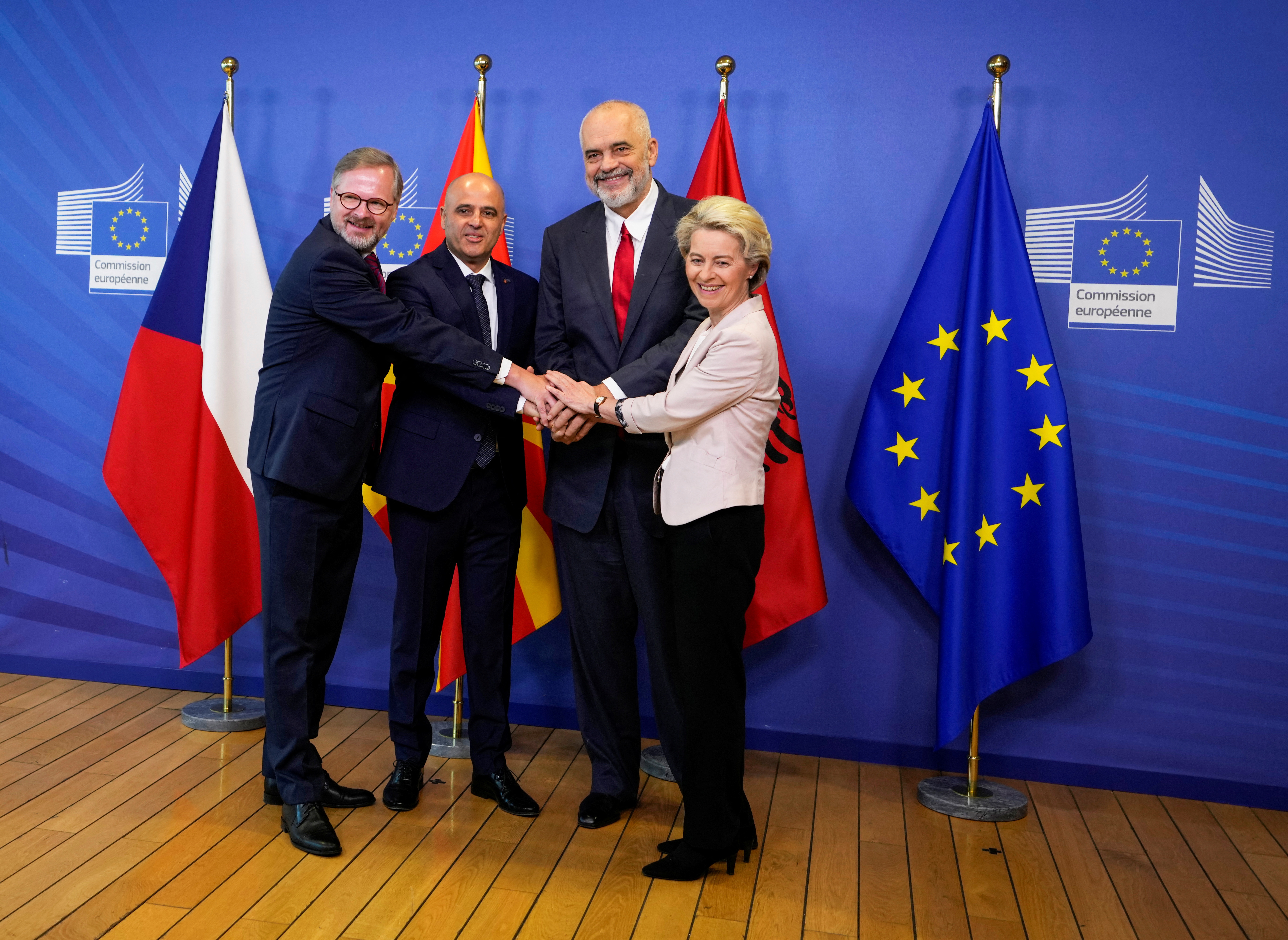Czech Prime Minister Fiala, North Macedonian Prime Minister Kovacevski and Albanian Prime Minister Rama are welcomed by EC President von der Leyen in Brussels