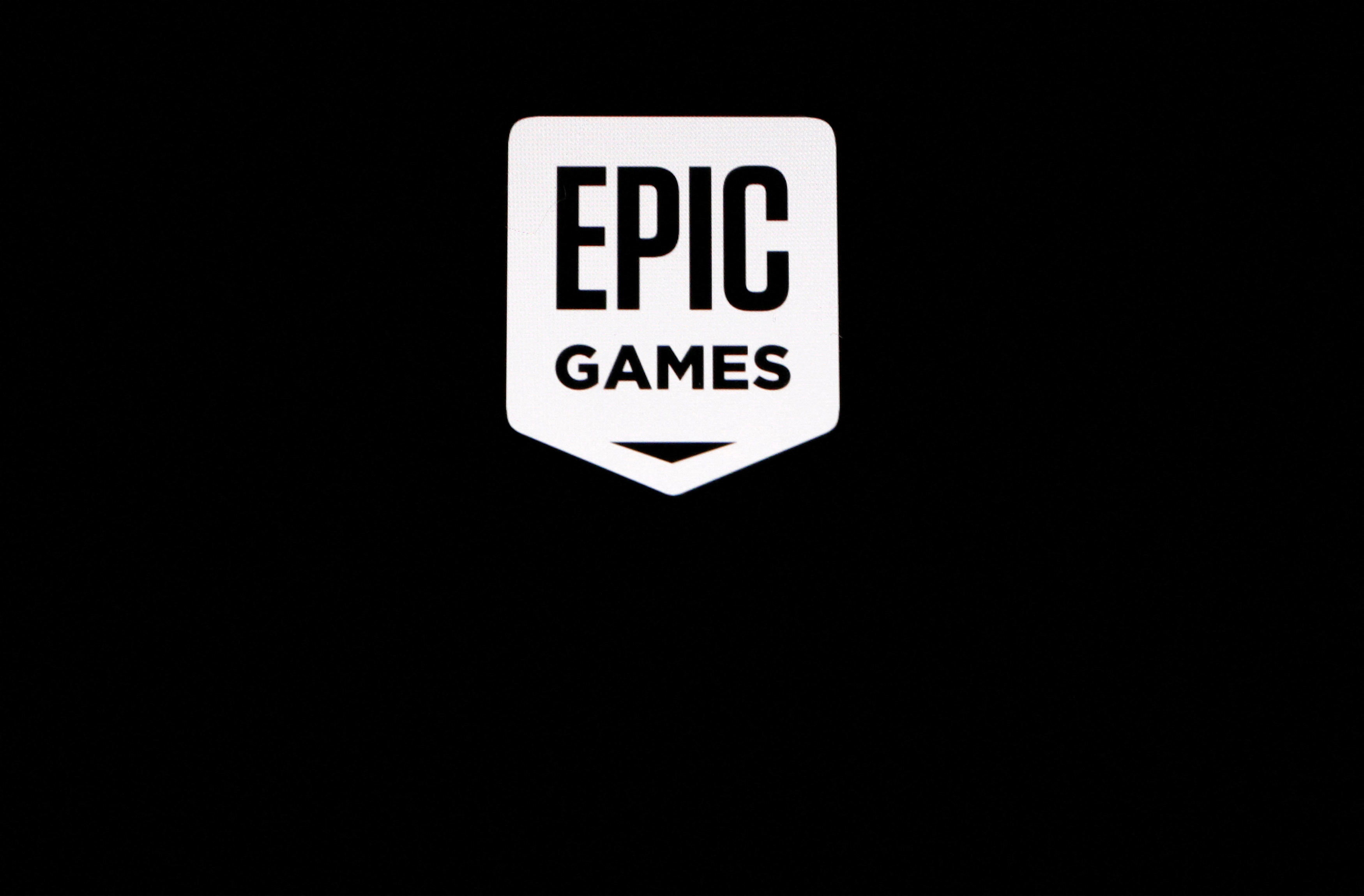The Epic Games logo, maker of the popular video game "Fortnite", is pictured on a screen