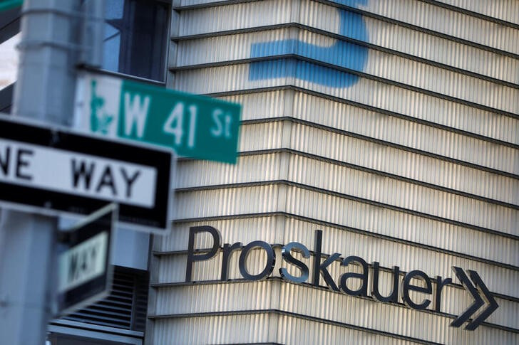 Signage is seen at the office of Proskauer Rose LLP  in Manhattan, New York City