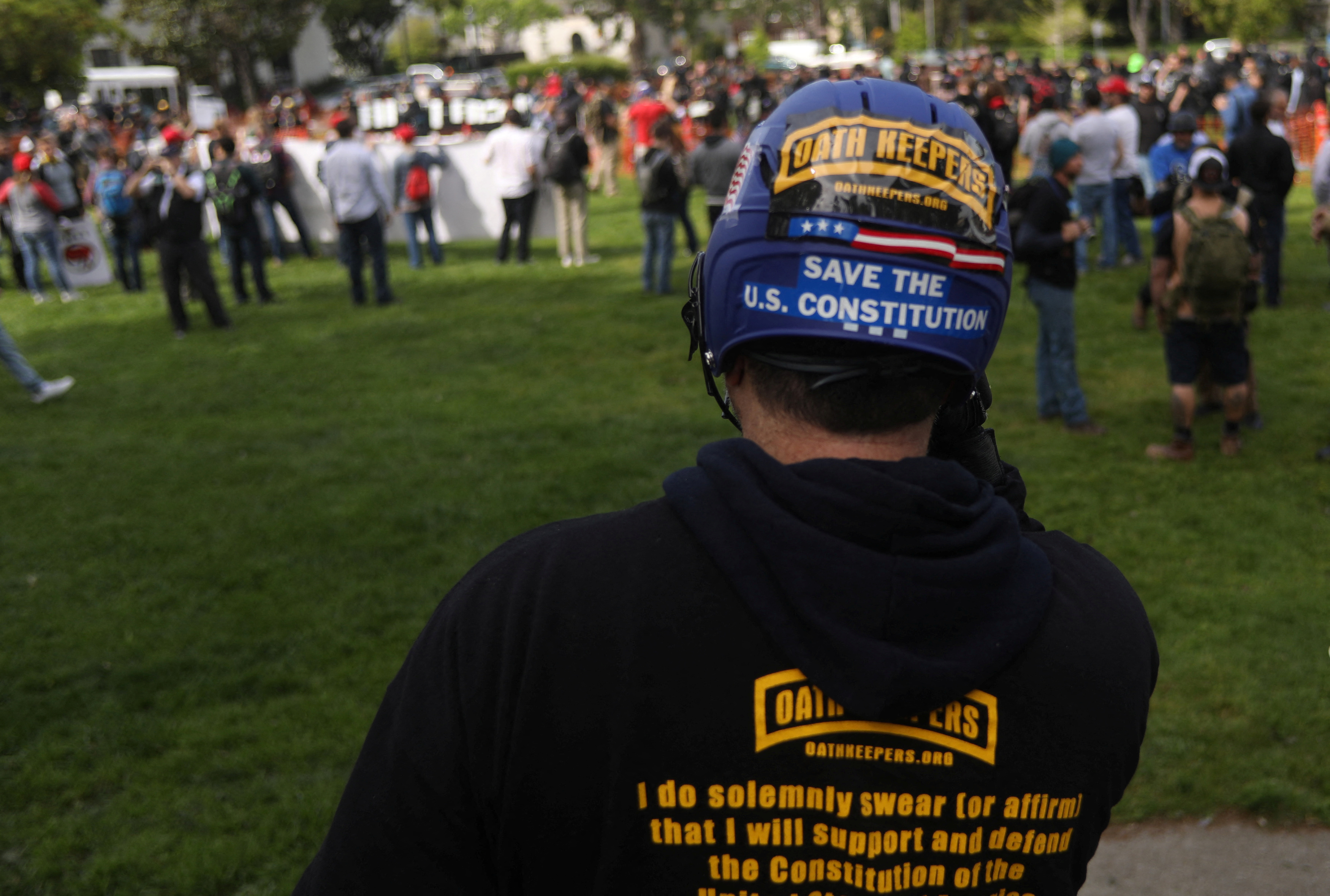 Members of the Oath Keepers provide security during the Patriots Day Free Speech Rally in Berkeley, California
