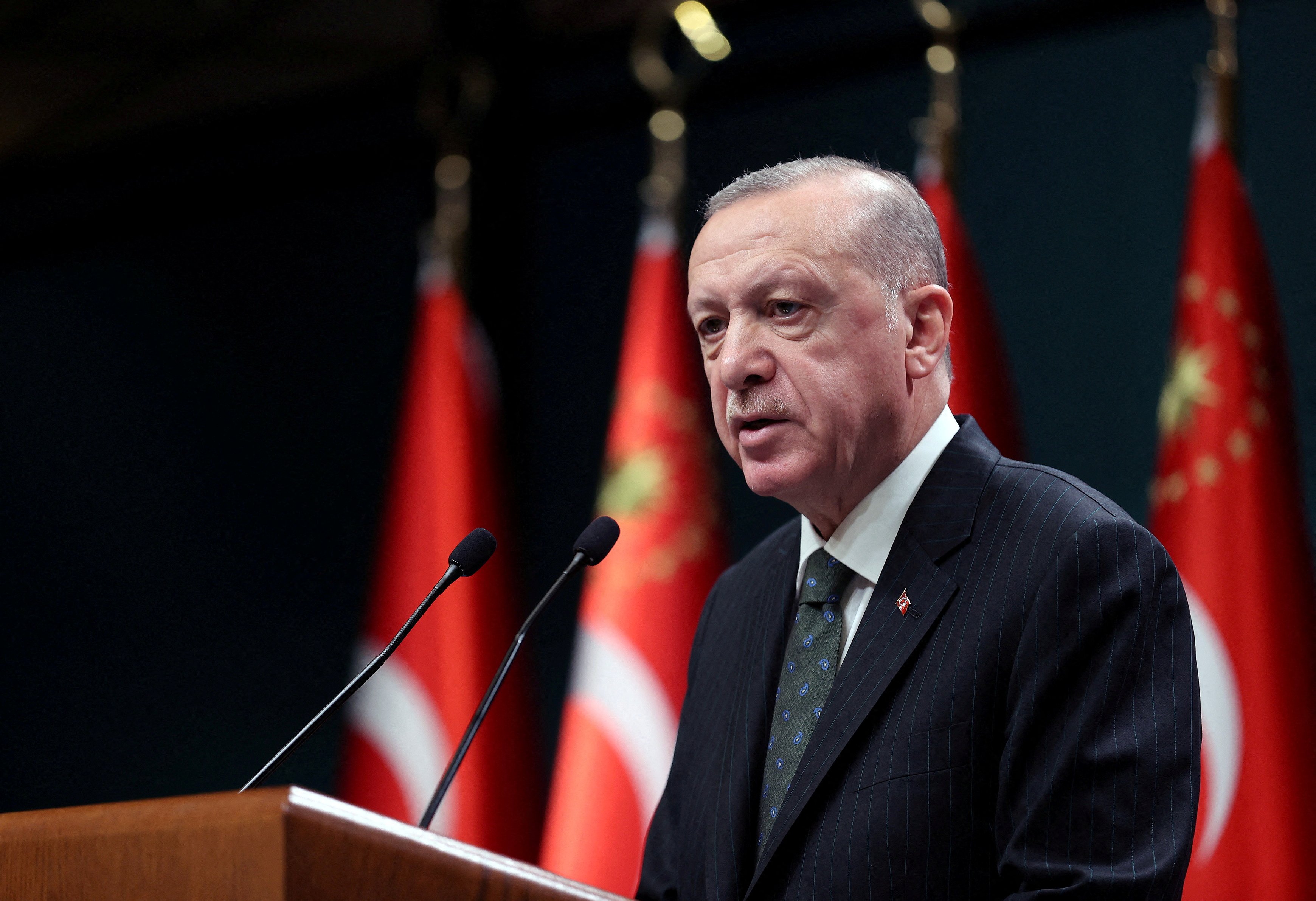 Turkish President Tayyip Erdogan addresses the media after a cabinet meeting in Ankara