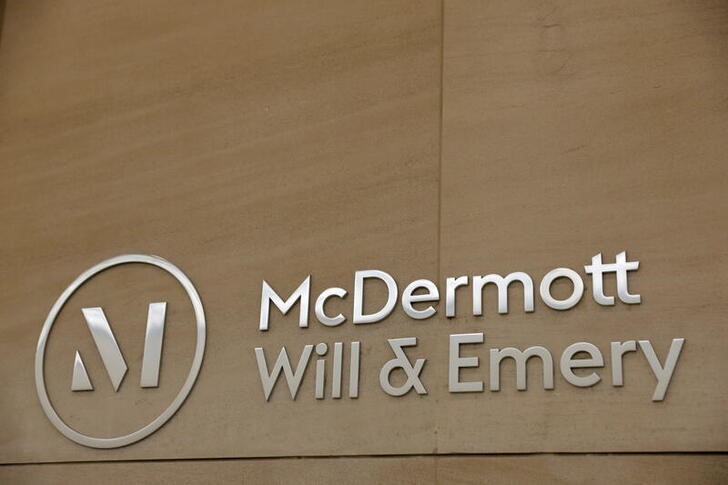 Signage is seen at the legal offices of the law firm McDermott Will & Emery in New York City, New York