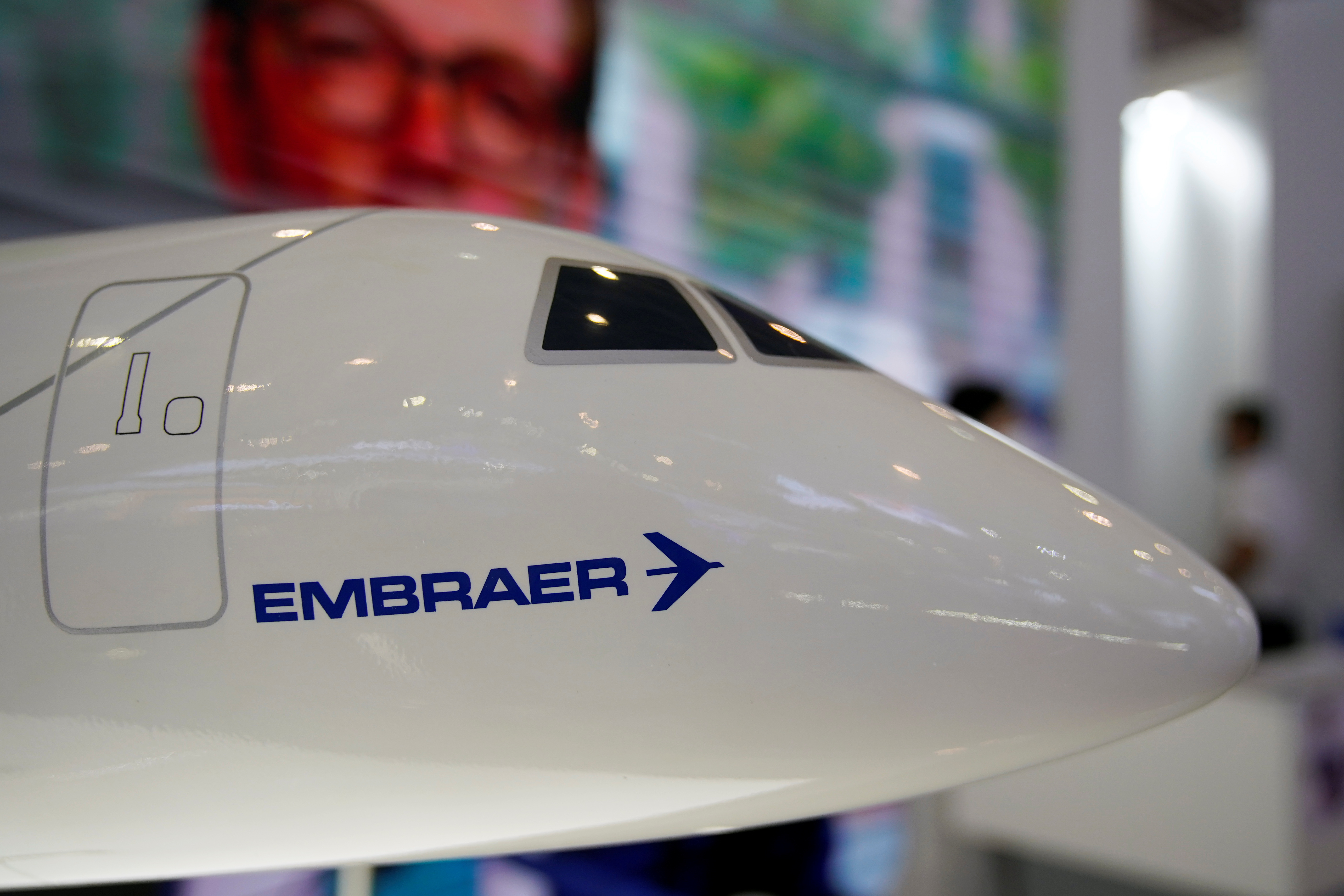 A model of an Embraer aircraft is displayed at the China International Aviation and Aerospace Exhibition,