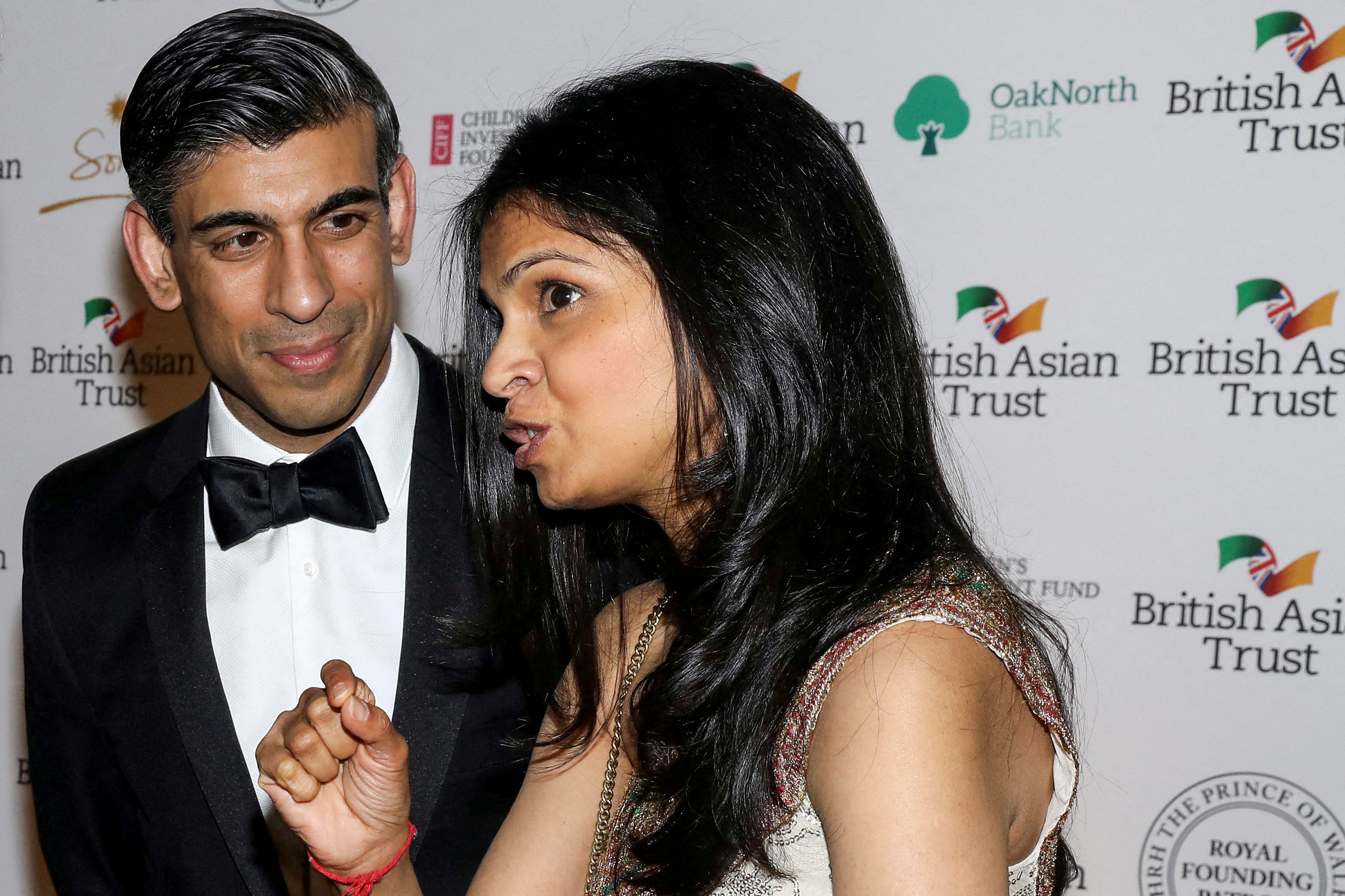 British Chancellor of the Exchequer Rishi Sunak and his wife Akshata Murthy attend a reception to celebrate the British Asian Trust at The British Museum