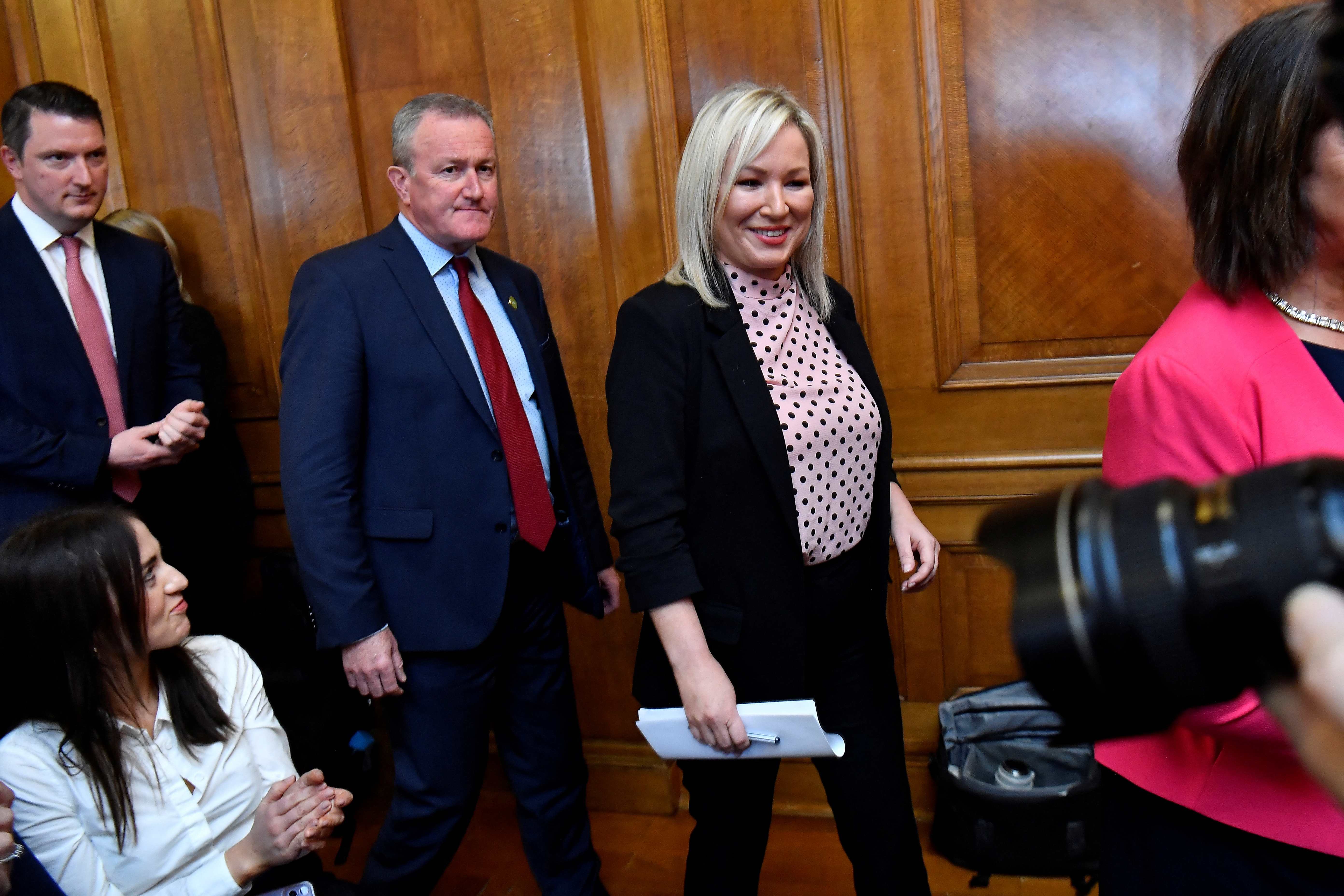 Sinn Fein leaders speak during a press conference at Stormont parliament buildings, in Belfast, Northern Ireland