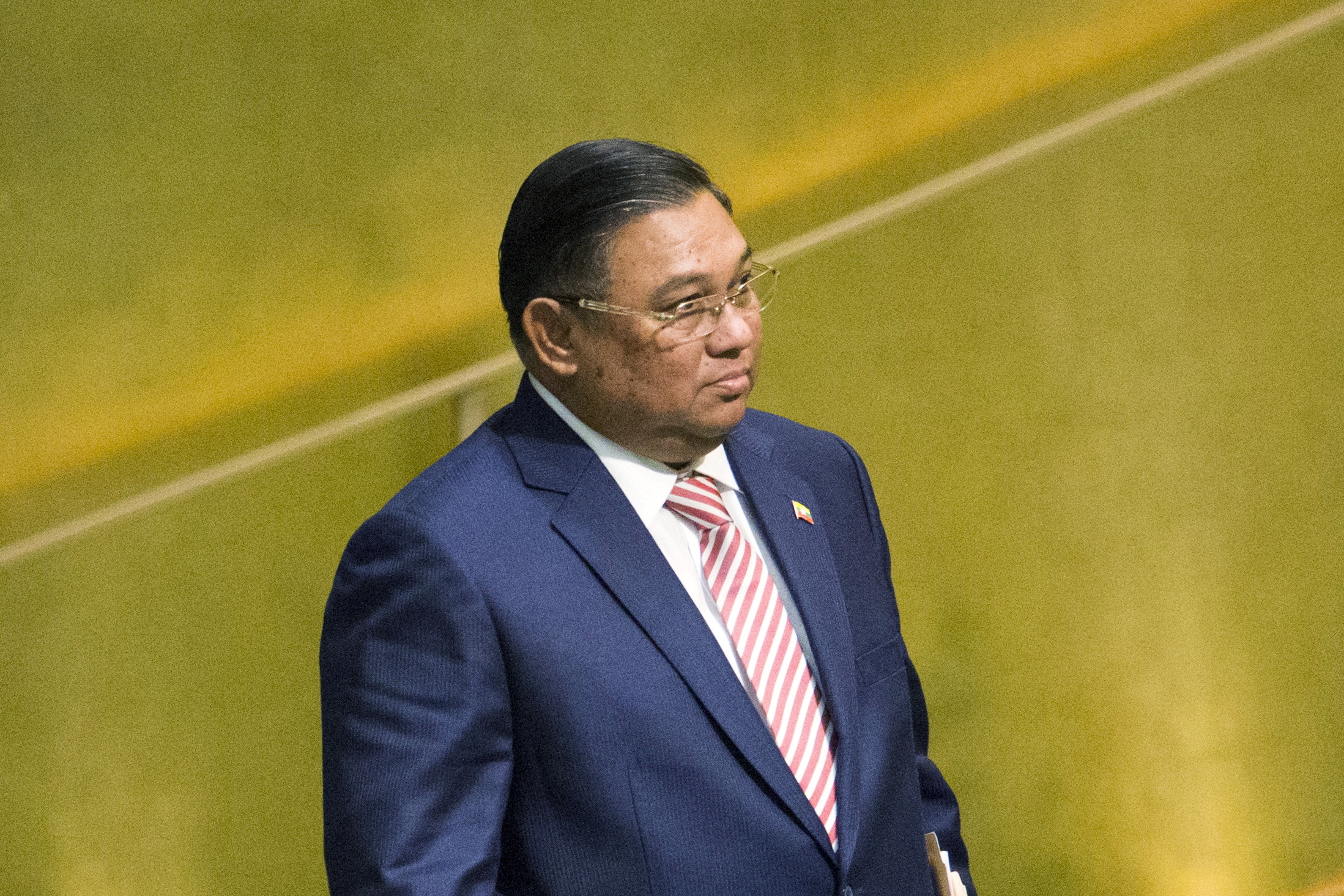 Myanmar's Foreign Minister Lwin arrives to address attendees during the 70th session of the United Nations General Assembly at the U.N. Headquarters in New York