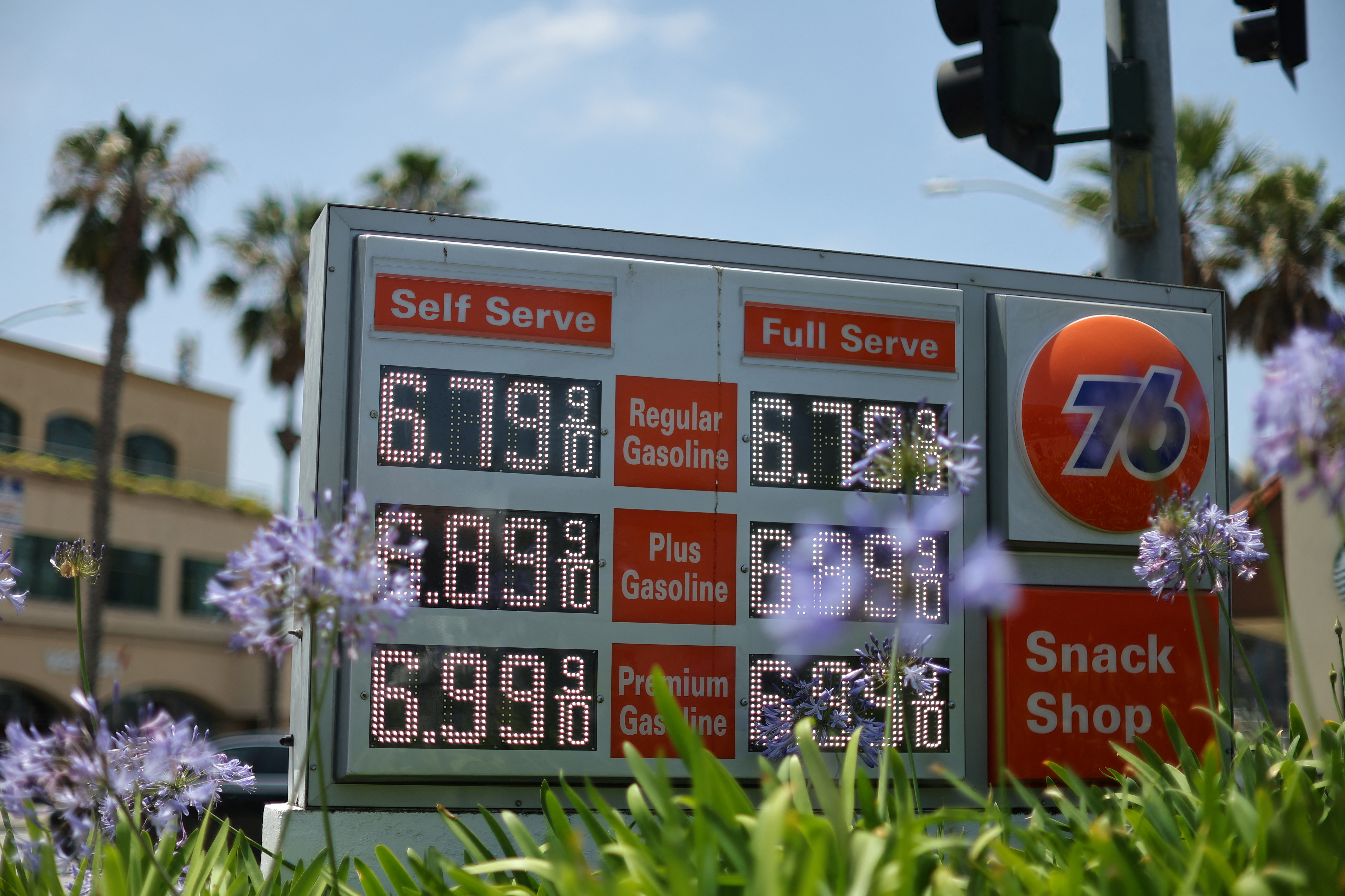 Gas prices over the $6.00 mark are advertised at a 76 Station in Santa Monica, California
