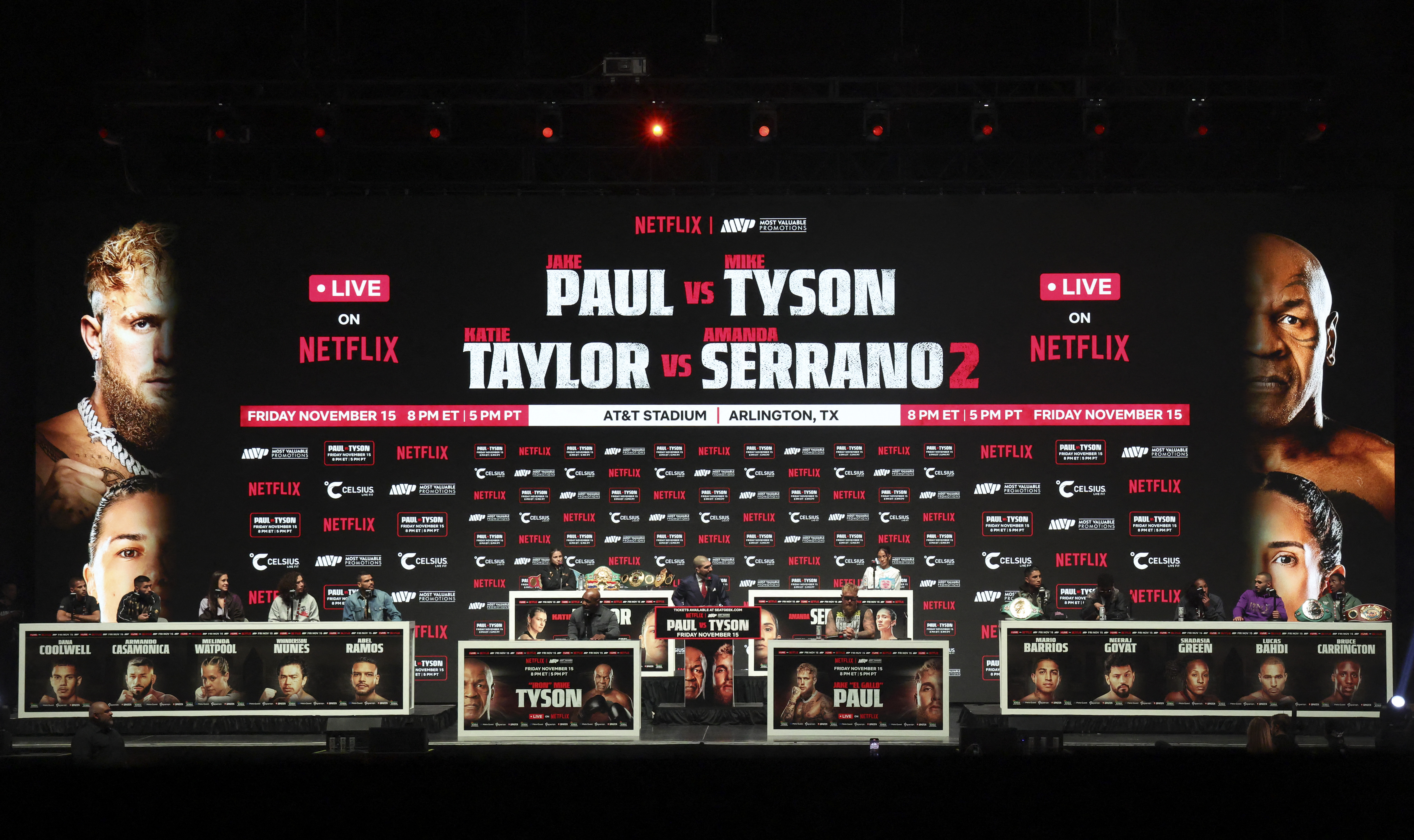 Nov 13, 2024; Irving, TX, USA; A general view of all the fighters on the card during a press conference to promote the Mike Tyson and Jake Paul fight at The Pavilion at Toyota Music Factory. Mandatory Credit: Kevin Jairaj-Imagn Images