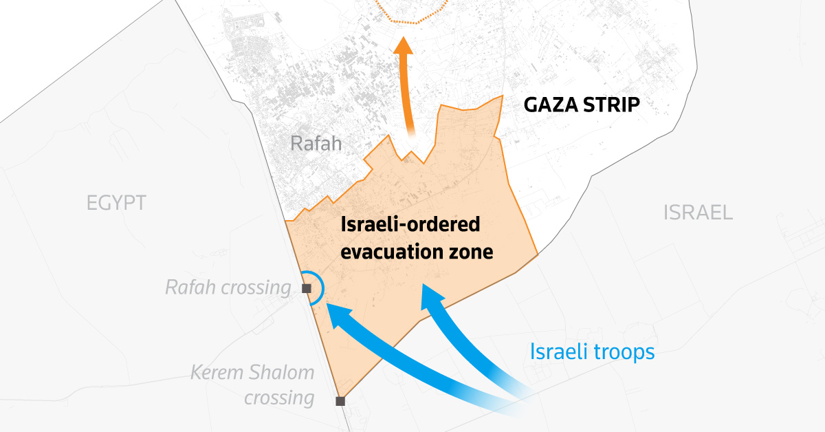 A map of Rafah with Israeli-ordered evacuation zone shown