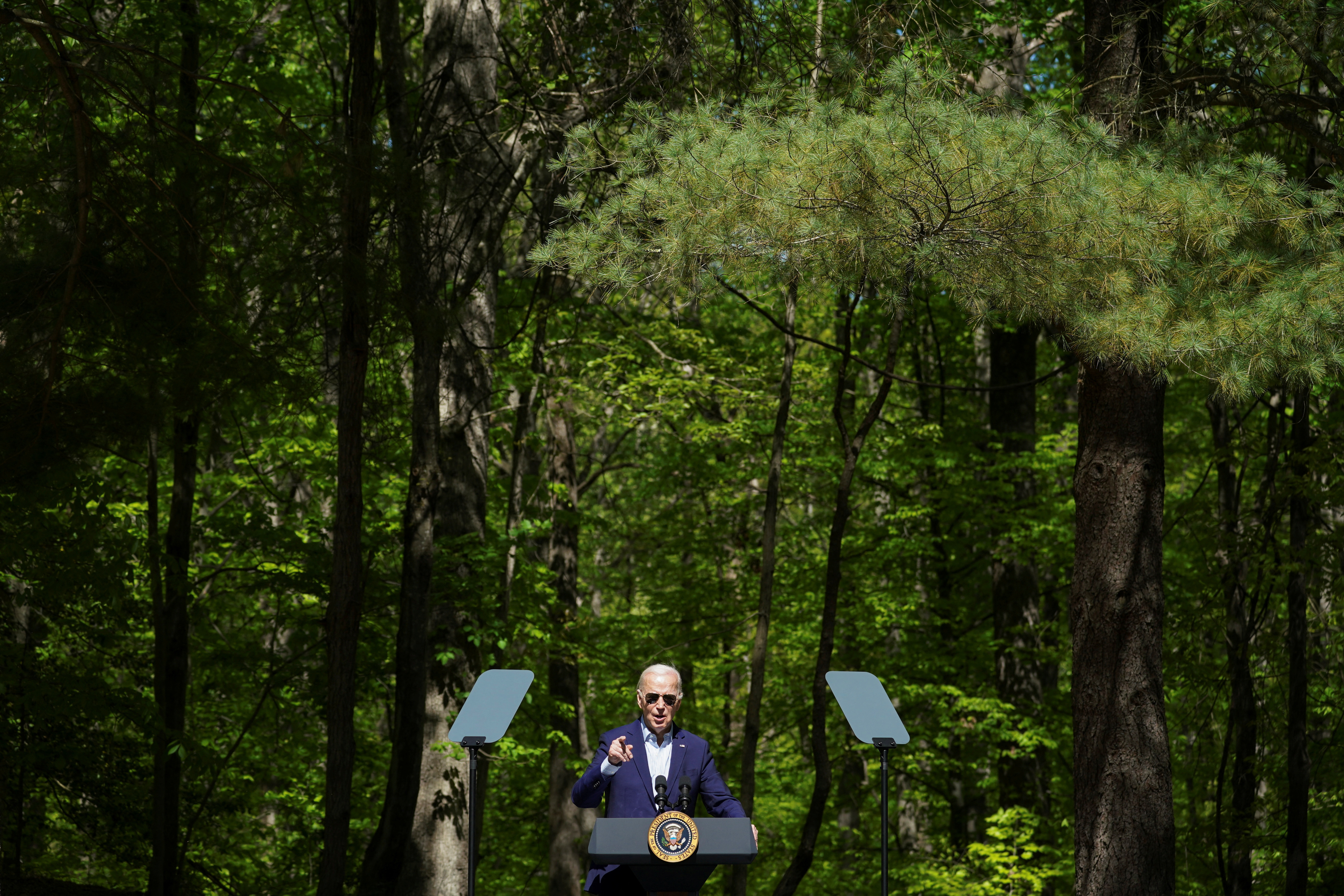 U.S. President Joe Biden delivers remarks to commemorate Earth Day, in Triangle