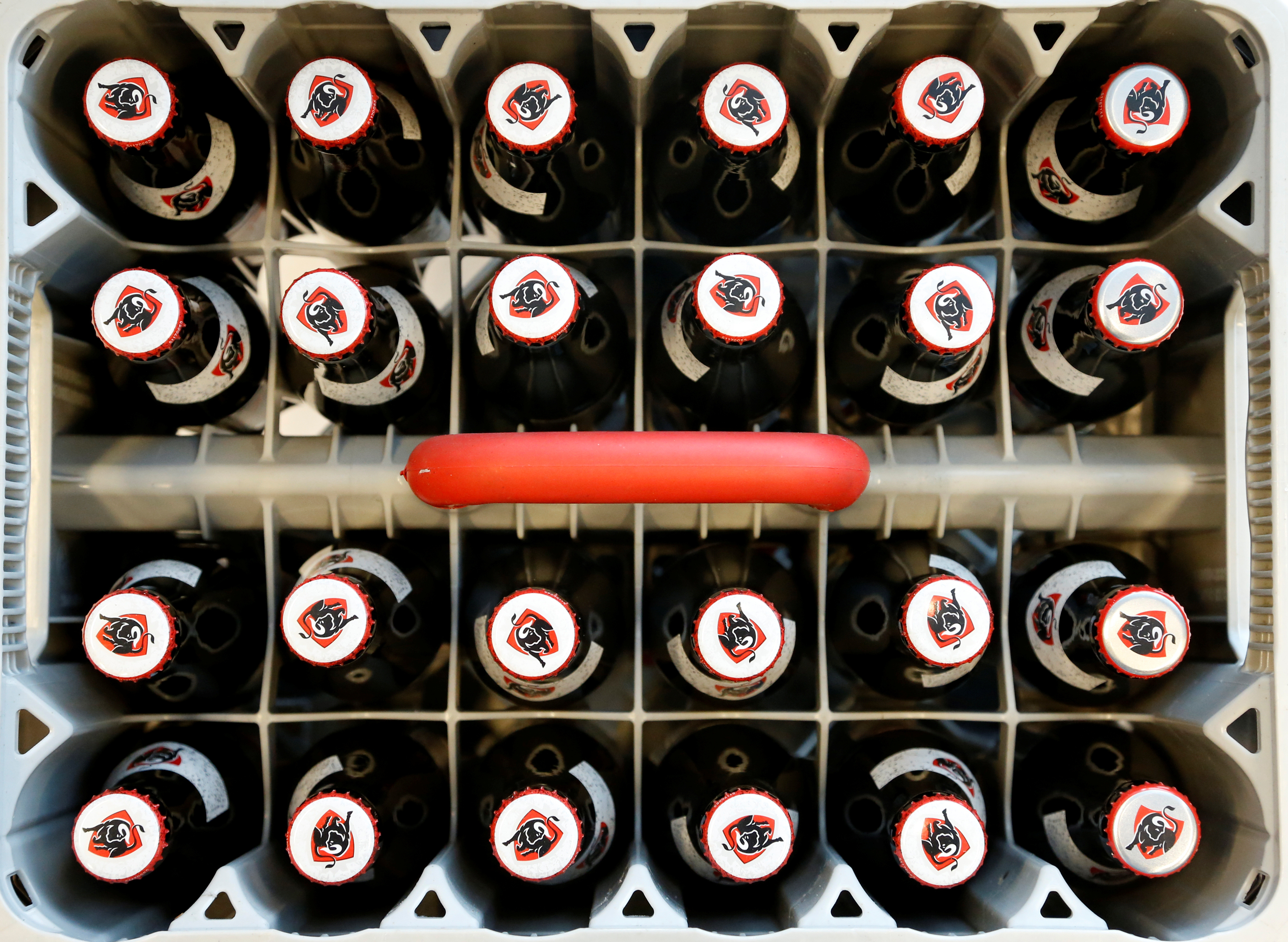 A rack of non-alcoholic Jupiler beer bottles is seen at the headquarters of Anheuser-Busch InBev in Leuven