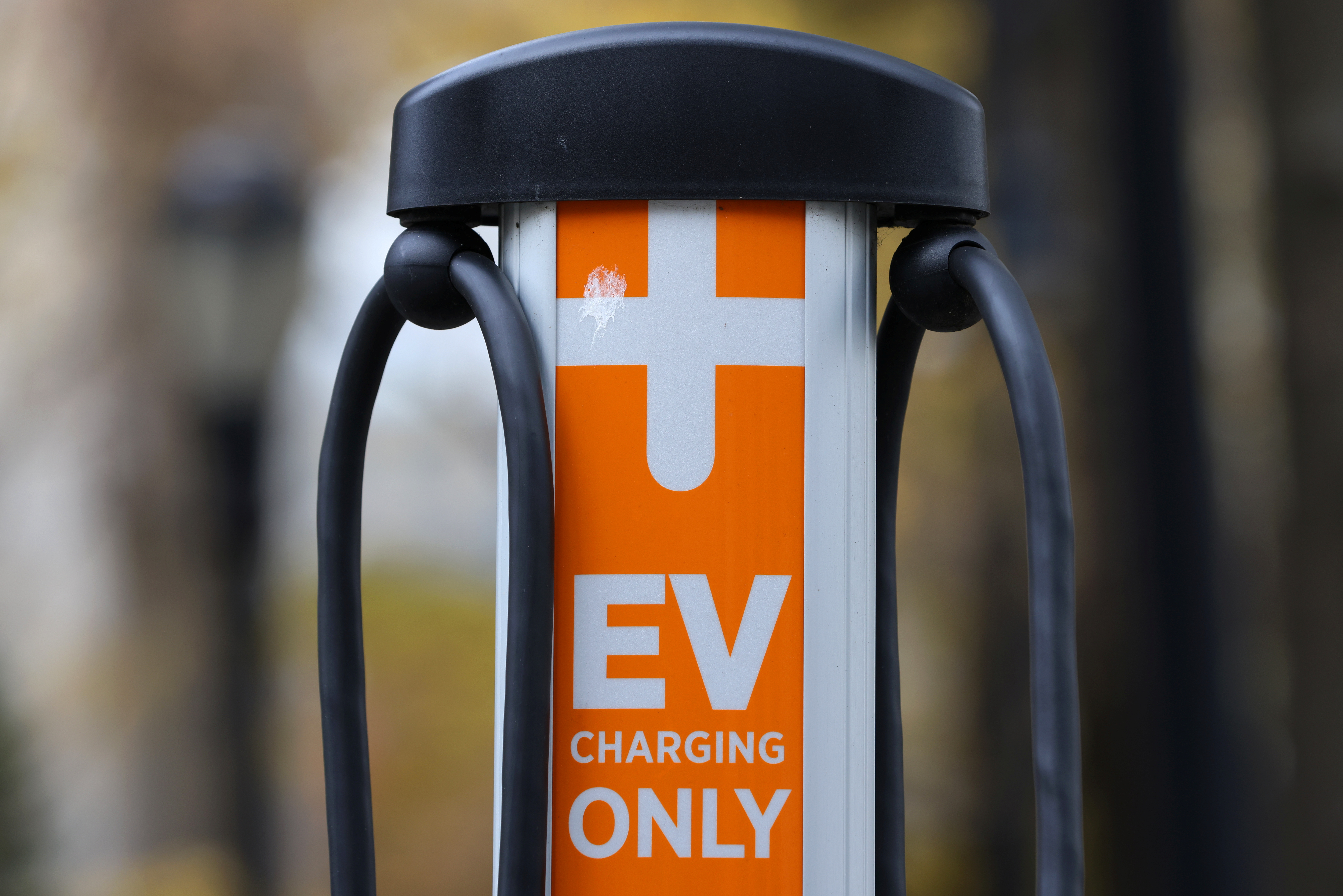 An electric vehicle charge station by ChargePoint, Inc. is seen outside New York City Hall in Manhattan, New York