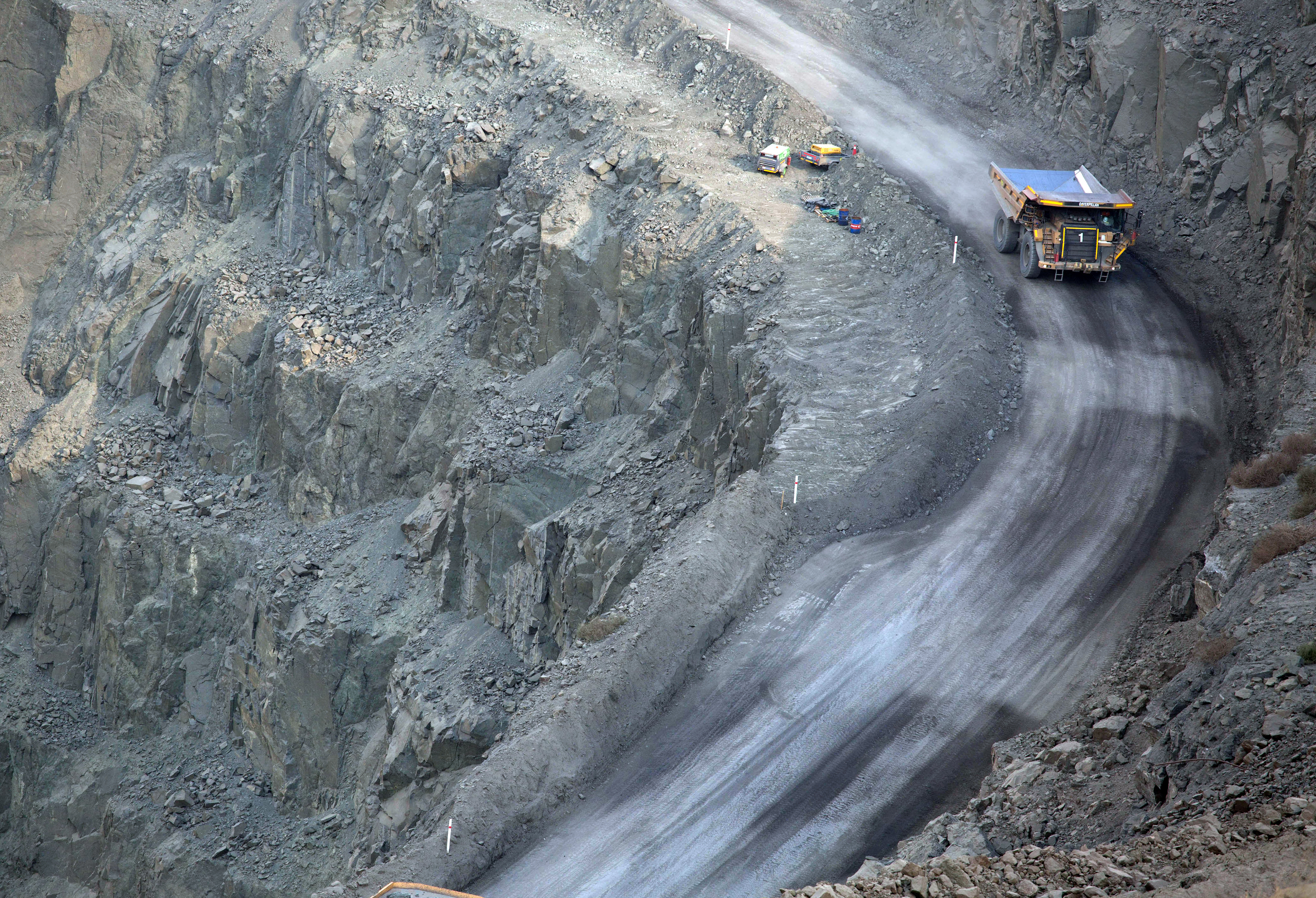 A truck drives amongst workings at the De Beers Voorspoed Diamond mine near Kroonstad