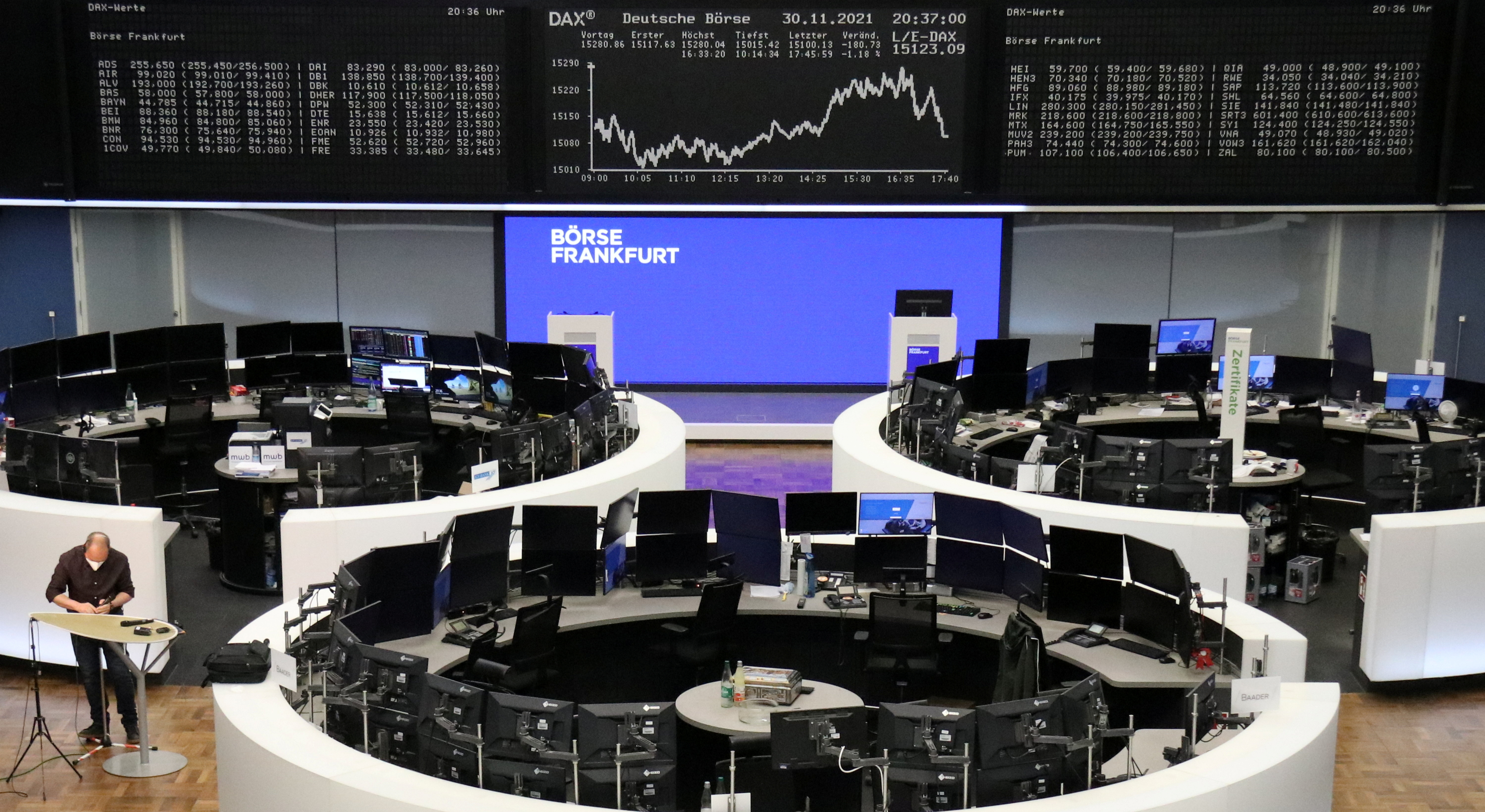 The German share price index DAX graph is pictured at the stock exchange in Frankfurt, Germany, November 30, 2021. REUTERS/Staff
