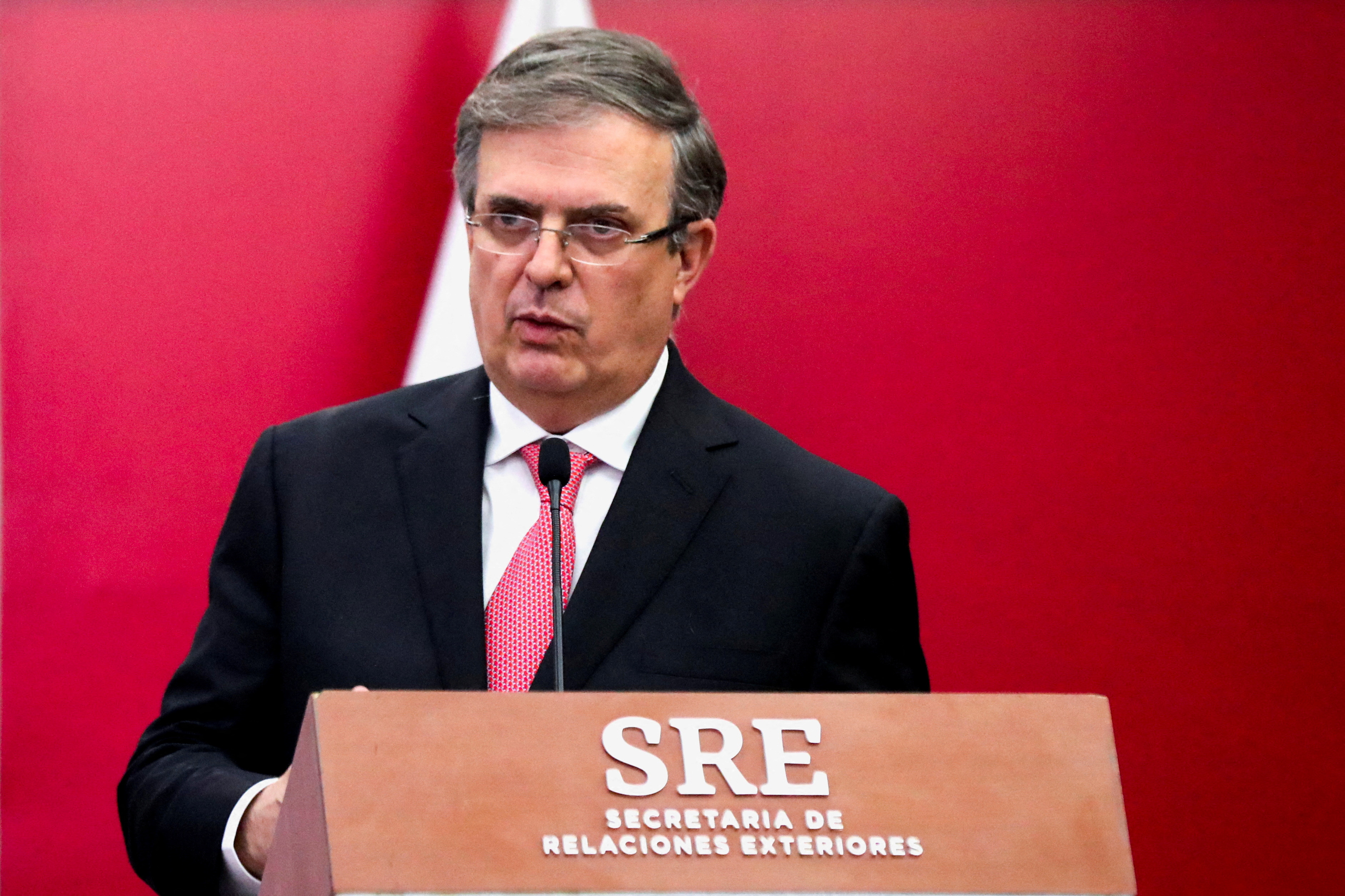 Mexico’s Foreign Minister Marcelo Ebrard addresses the media