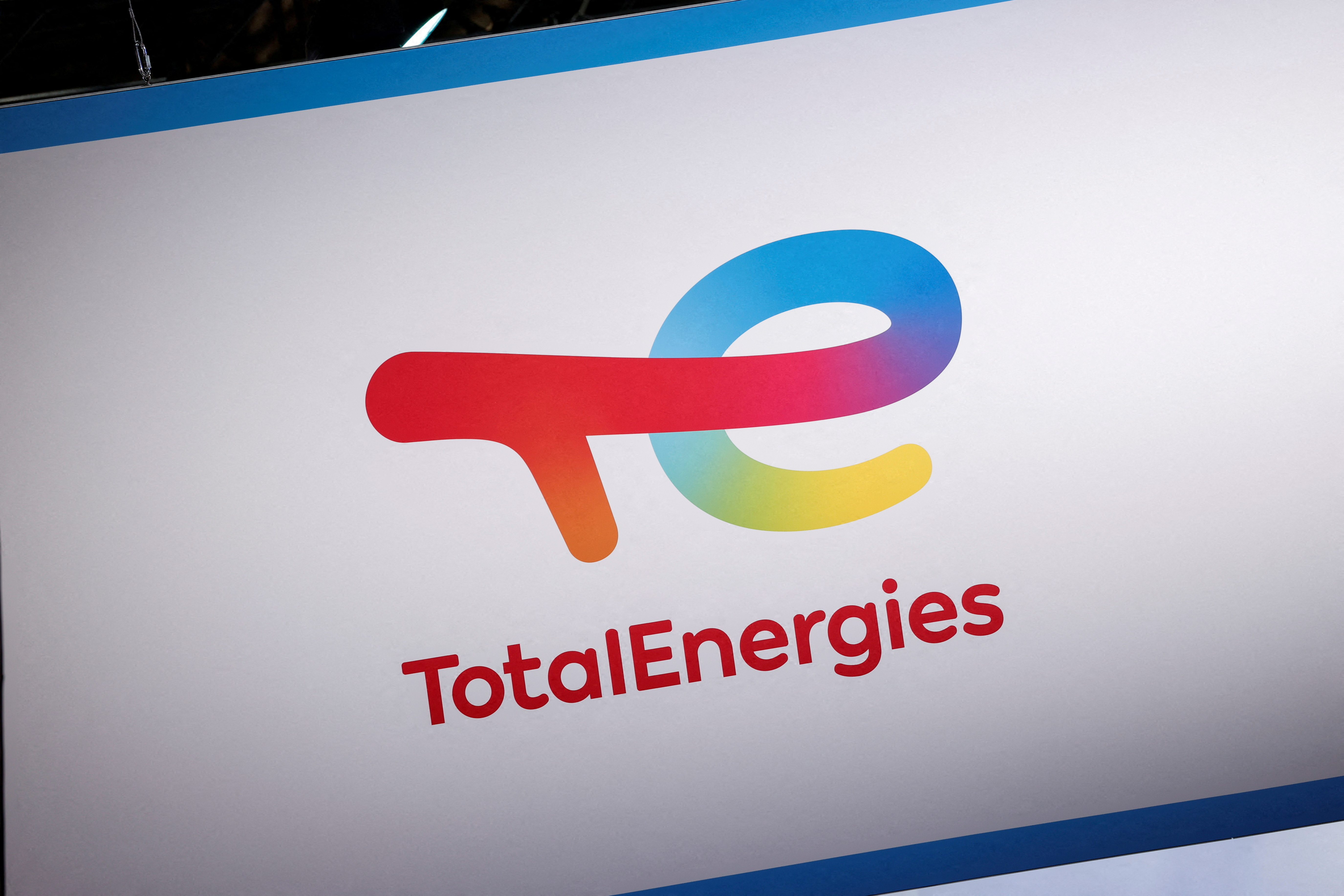 A logo of TotalEnergies at the Viva Technology conference at Porte de Versailles exhibition centre in Paris, France