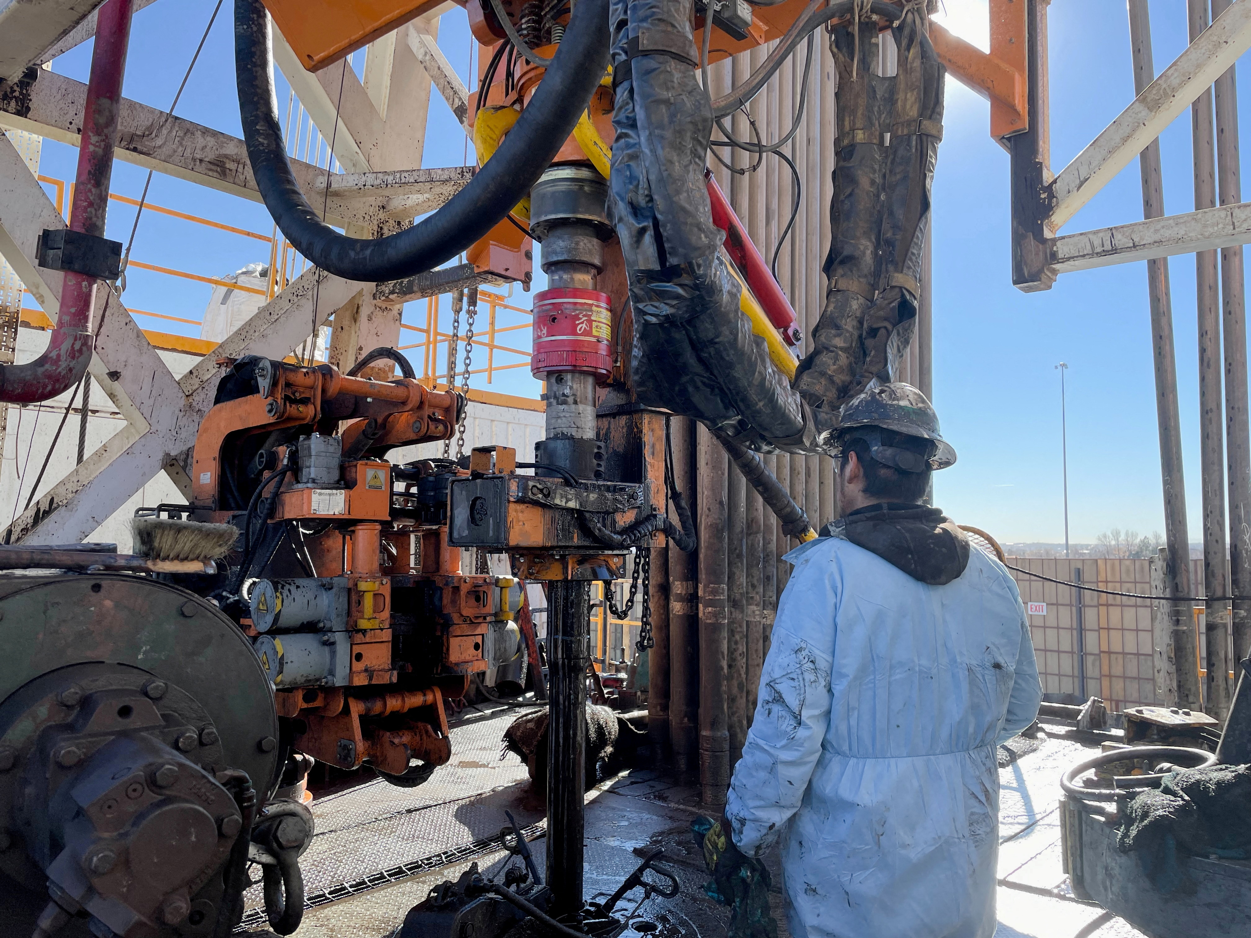 A rig hand works on an electric drilling rig for oil producer Civitas Resources, at the Denver suburbs, in Broomfield