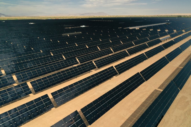 Arrays of photovoltaic solar panels are seen at the Tenaska Imperial Solar Energy Center South as the spread of the coronavirus disease (COVID-19) continues in this aerial photo taken over El Centro, California