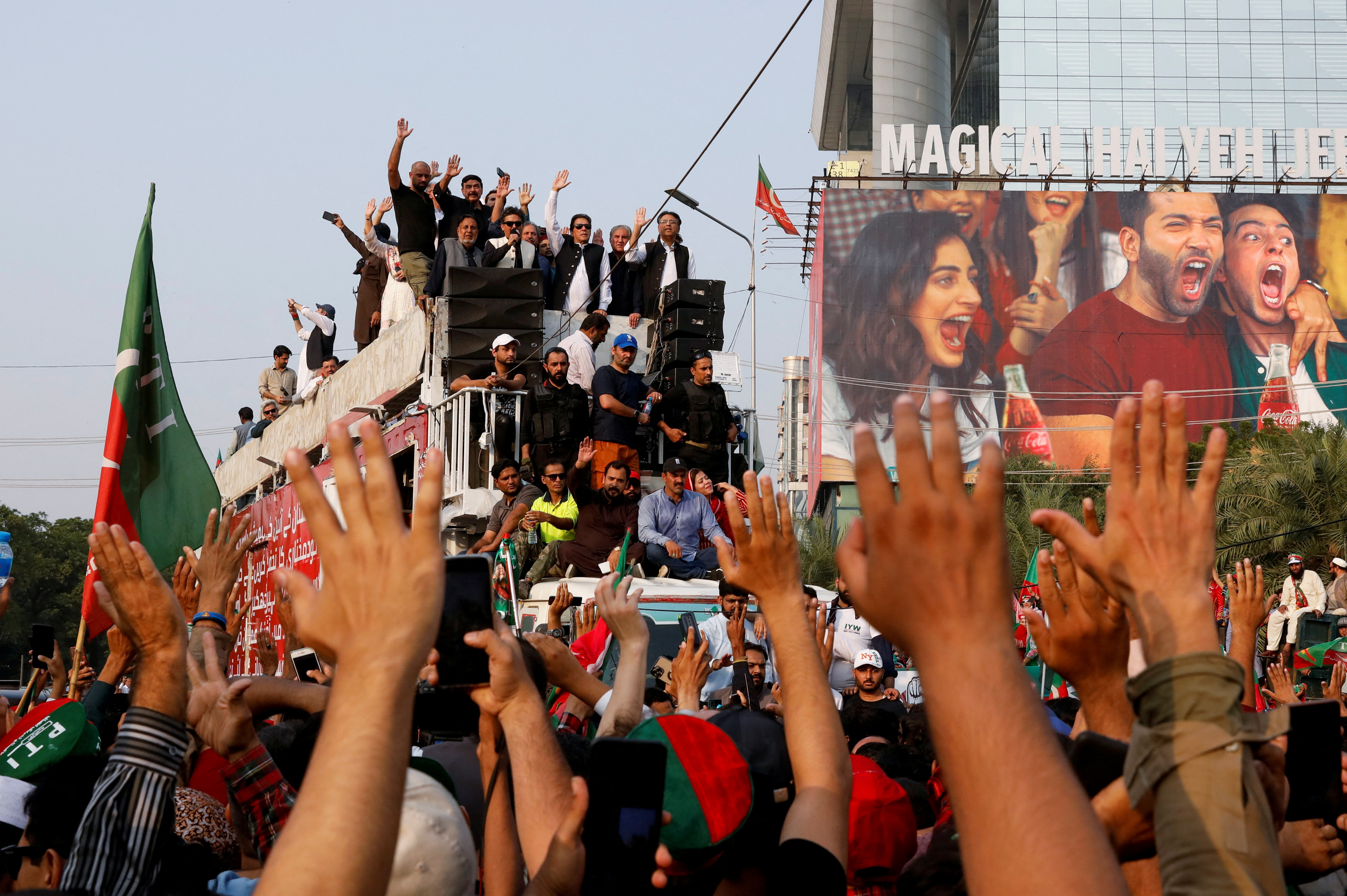 Pakistan's former Prime Minister Imran Khan leads a freedom march to pressure the government to announce new elections in Lahore