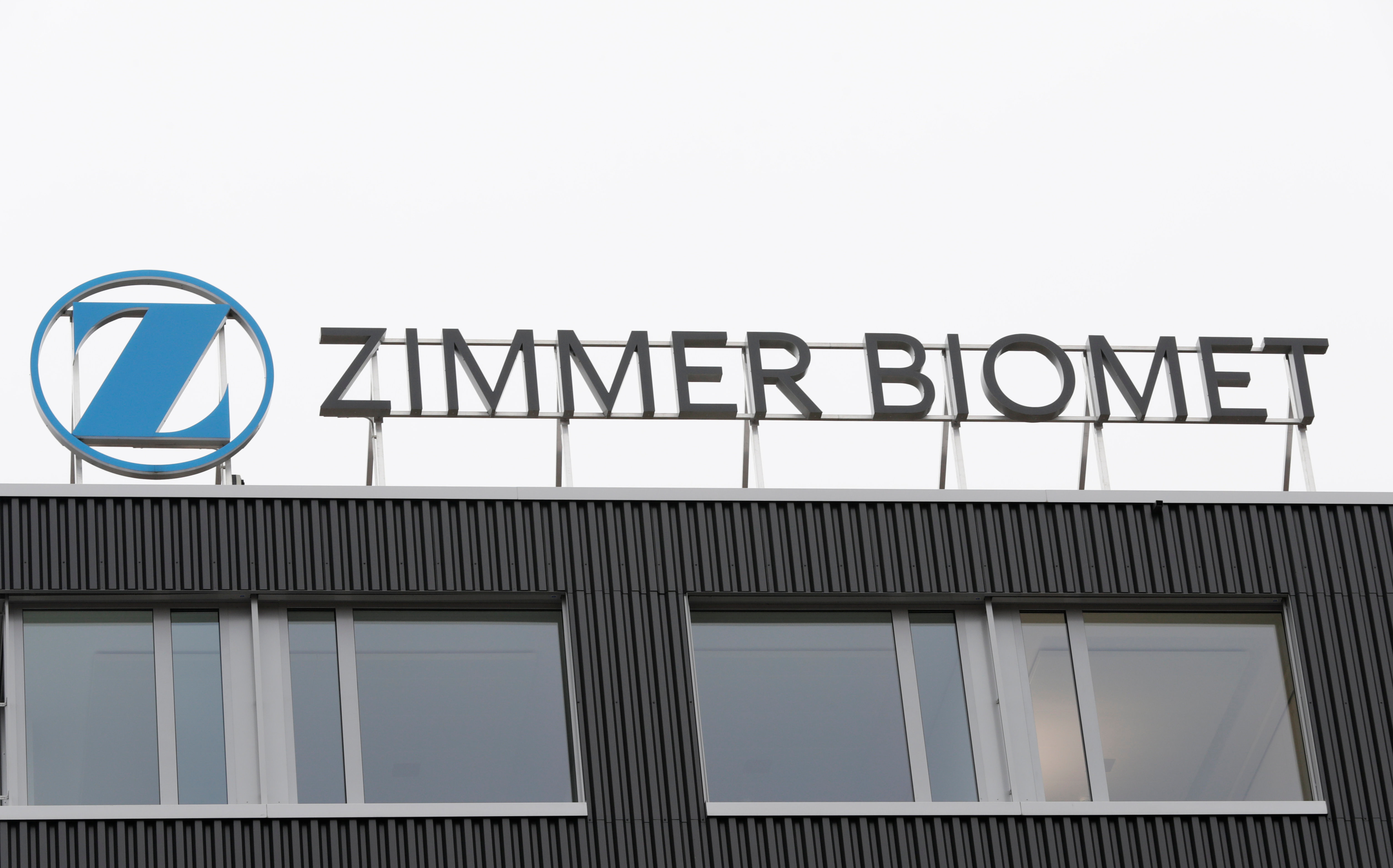 The logo of medical implants maker Zimmer Biomet is seen at a plant in Winterthur