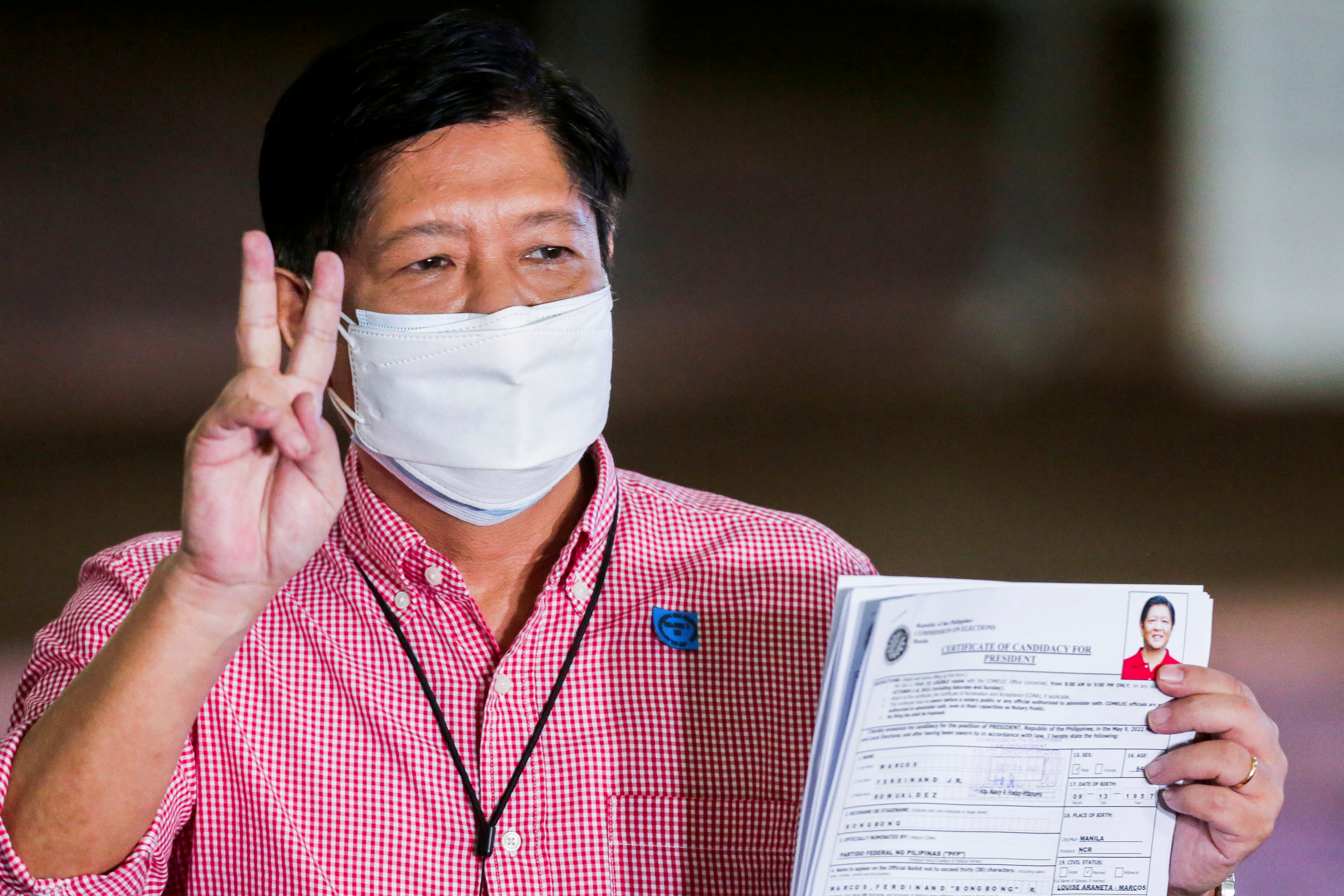Ferdinand Marcos Jr, the son of late Philippines dictator Ferdinand Marcos, poses for pictures after filing his certificate of candidacy for president in the 2022 national election, in Pasay City, Metro Manila, Philippines, October 6, 2021. Rouelle Umali/Pool via Reuters/File Photo