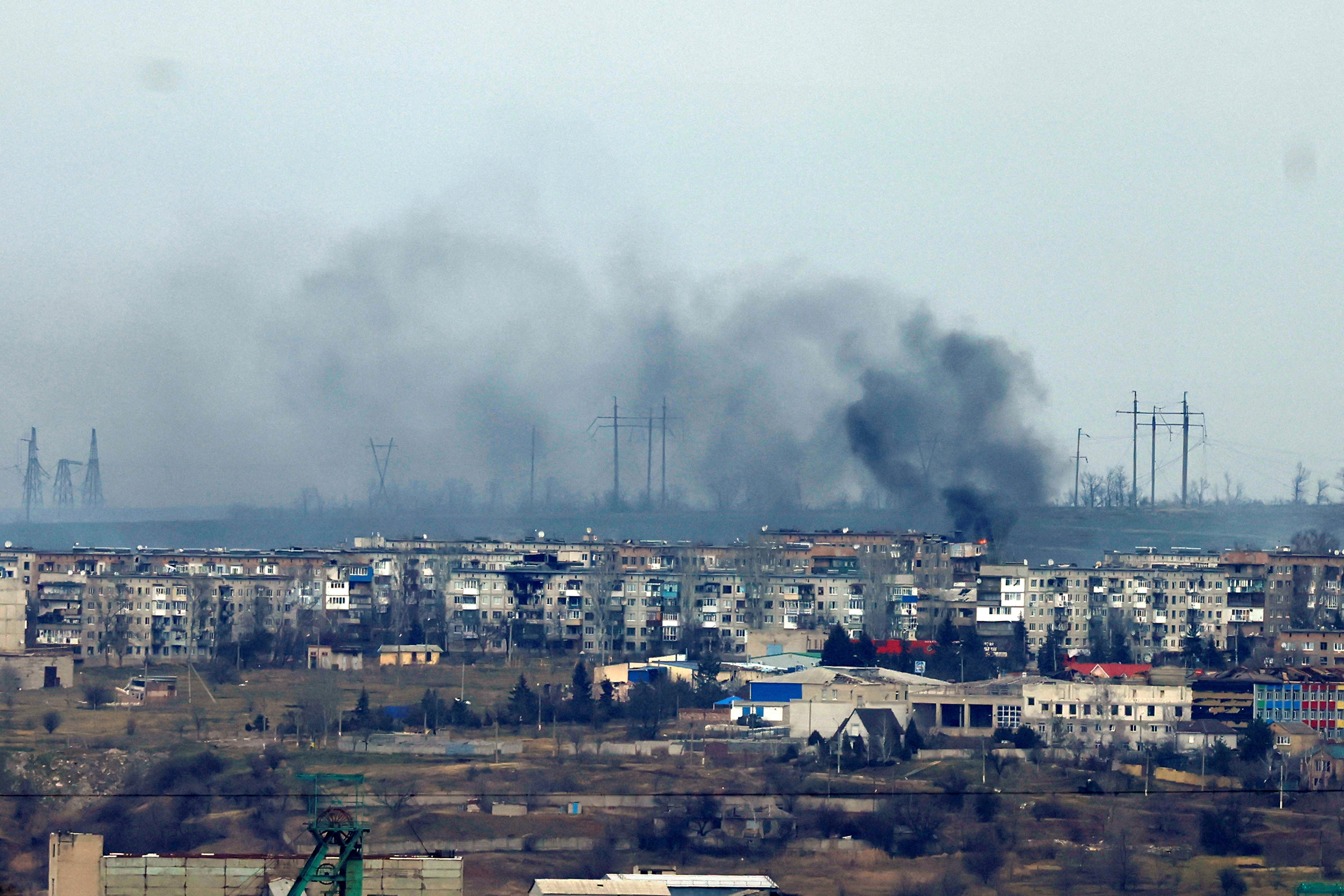 Smoke rises from strikes on the frontline city of Soledar