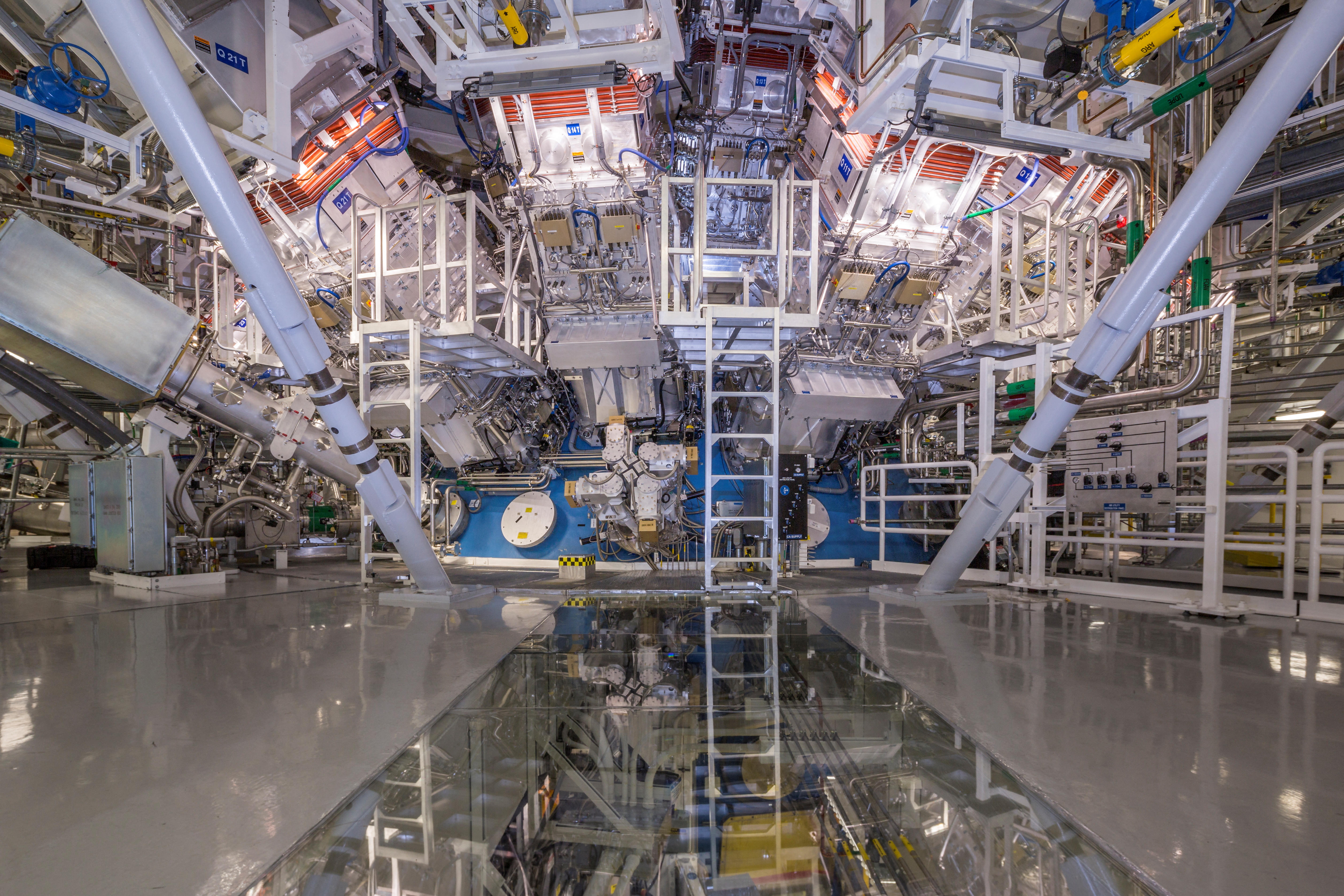 The Target Chamber of the National Ignition Facility is seen at the Lawrence Livermore National Laboratory in Livermore, California, U.S., in an undated handout image. A service system lift allows technicians to access the Target Chamber's interior for inspection and maintenance. Lawrence Livermore National Laboratory/Handout via REUTERS 