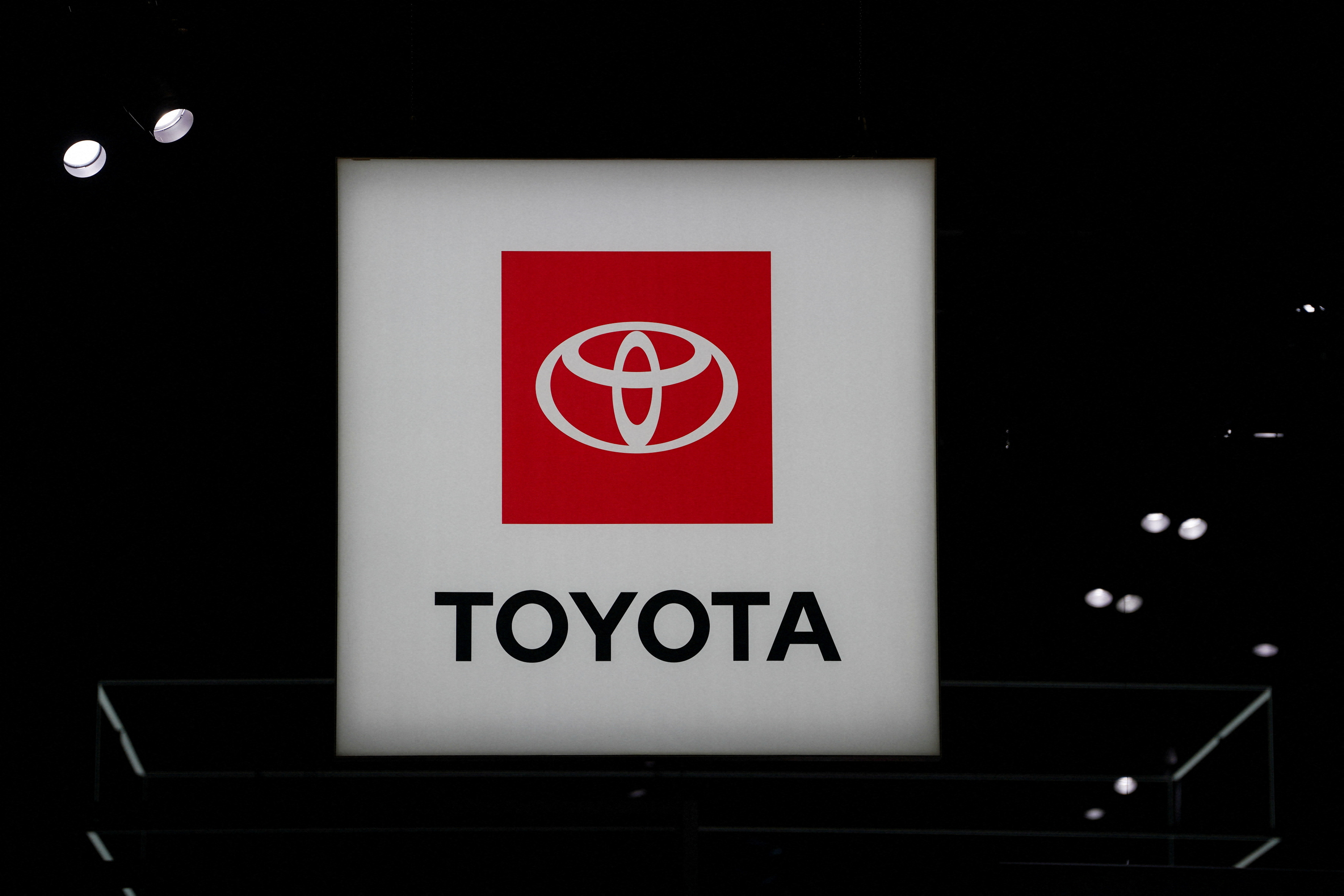 A Toyota logo is seen during the New York International Auto Show
