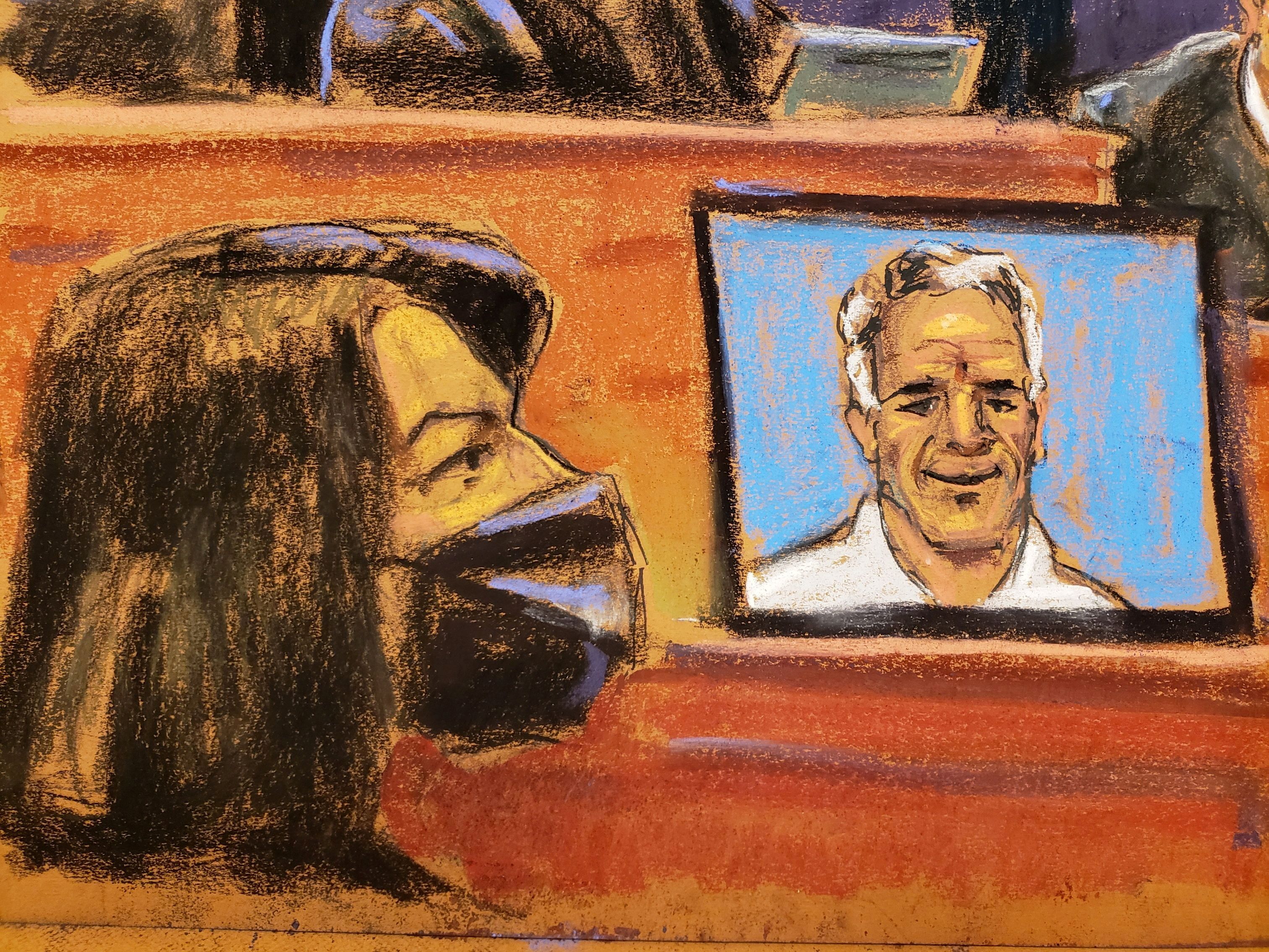 Ghislaine Maxwell, the Jeffrey Epstein associate accused of sex trafficking, attends her trial near an image of Epstein on a screen in a courtroom sketch in New York City, U.S., December 2, 2021. REUTERS/Jane Rosenberg