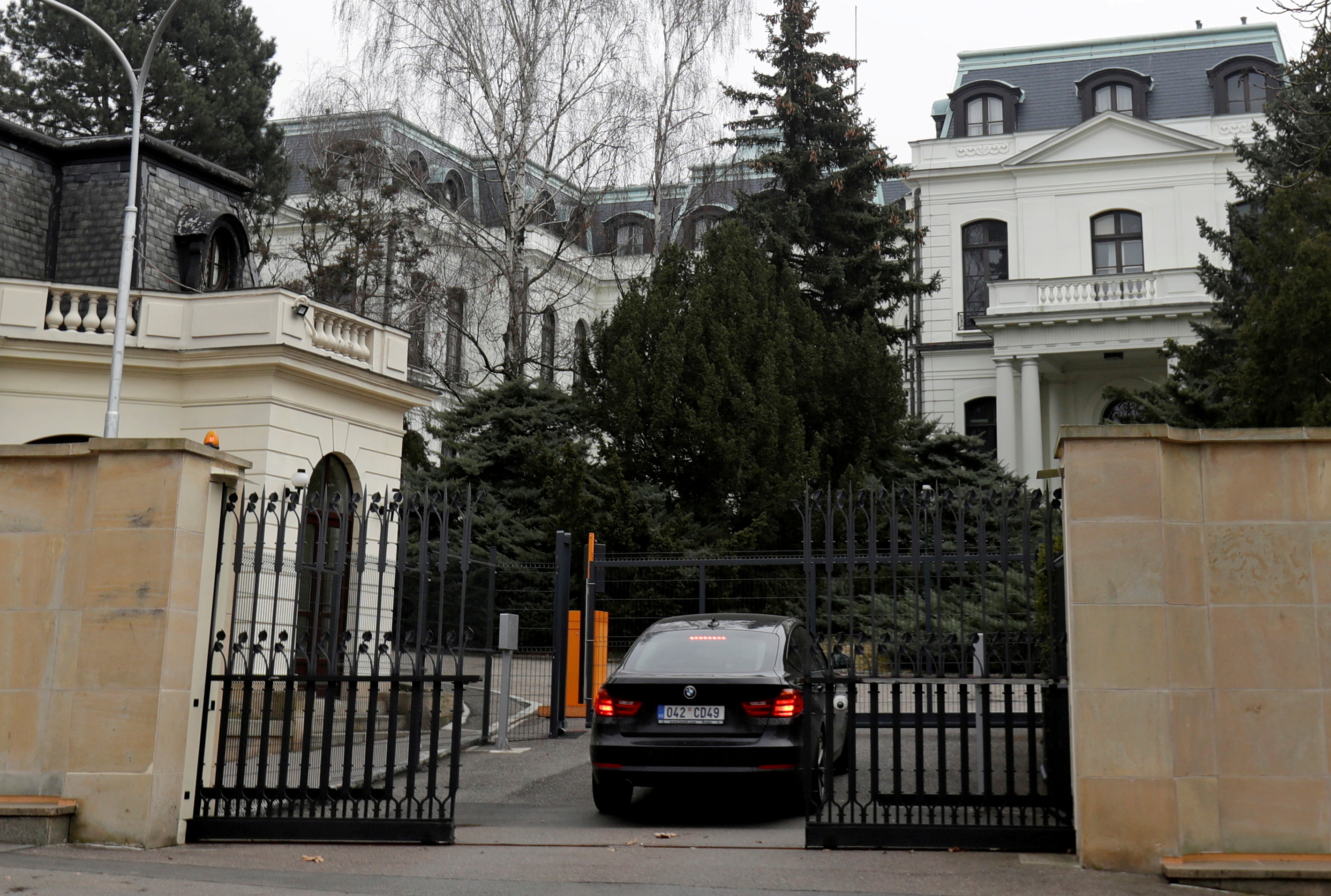A car enters the Russian embassy in Prague