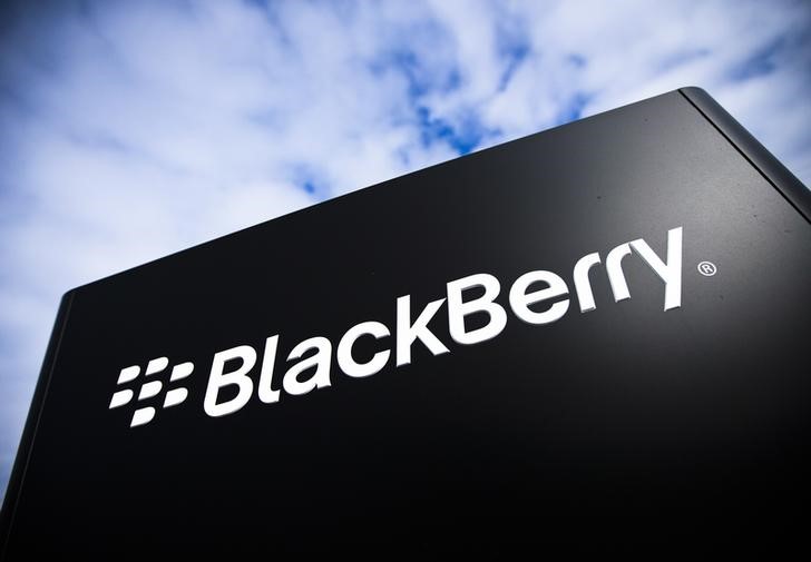 The BlackBerry logo is pictured at the BlackBerry campus in Waterloo