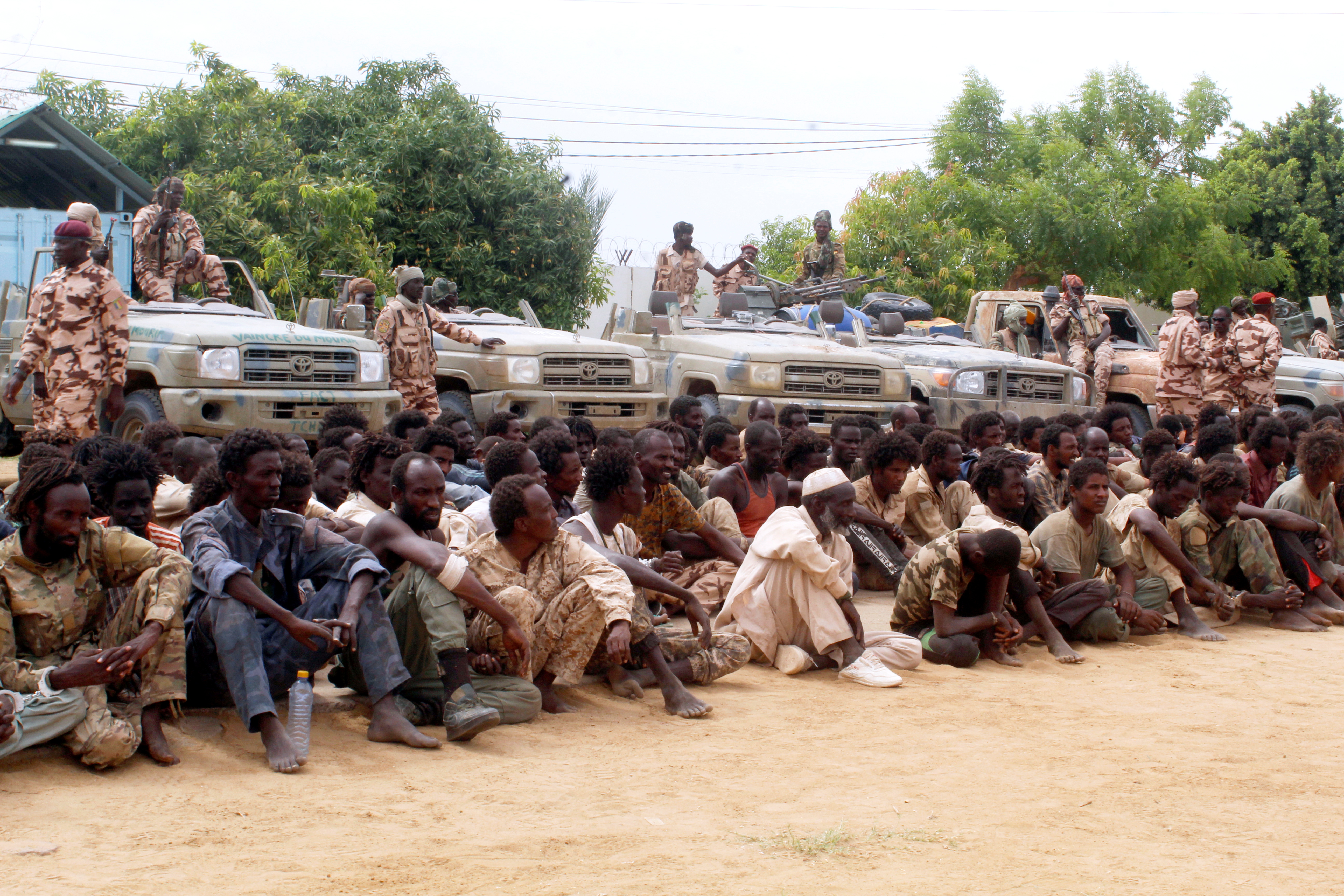 Captured FACT rebels are pictured at army headquarters in N'Djamena