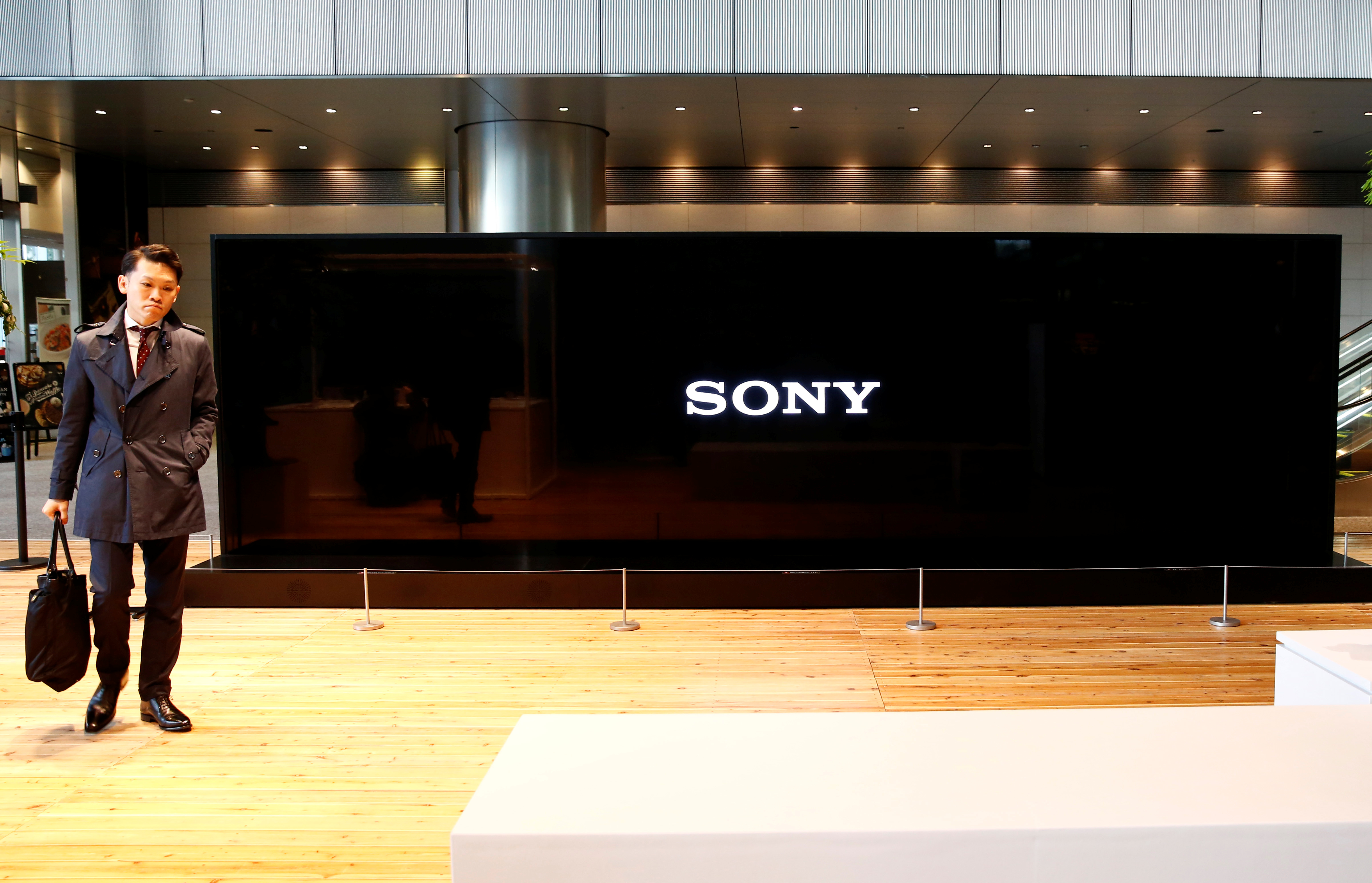 Sony Corp's logo is seen on its Crystal LED Integrated Structure display at its headquarters in Tokyo