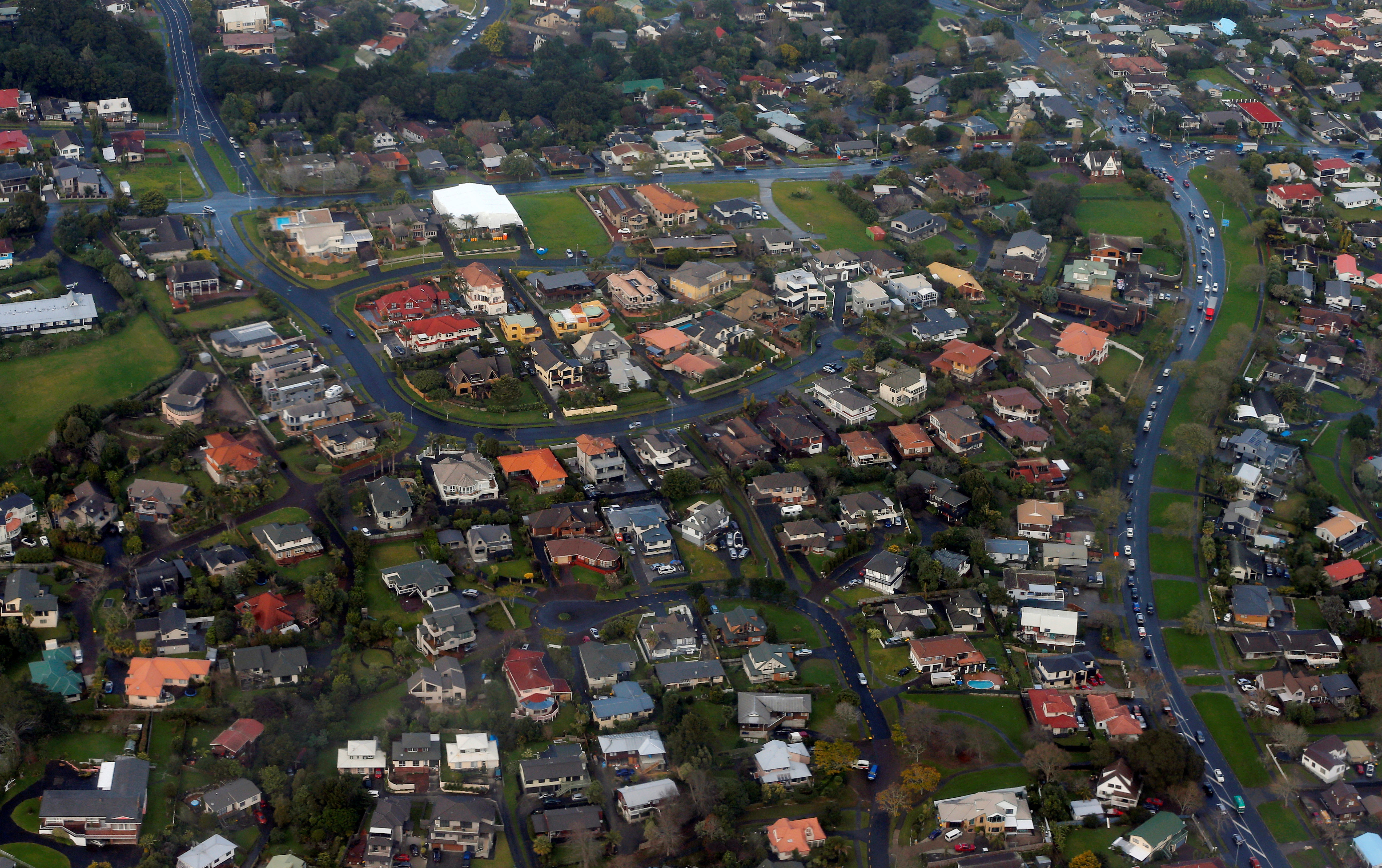 A residential neighbourhood of Auckland, New Zealand, is seen from the air
