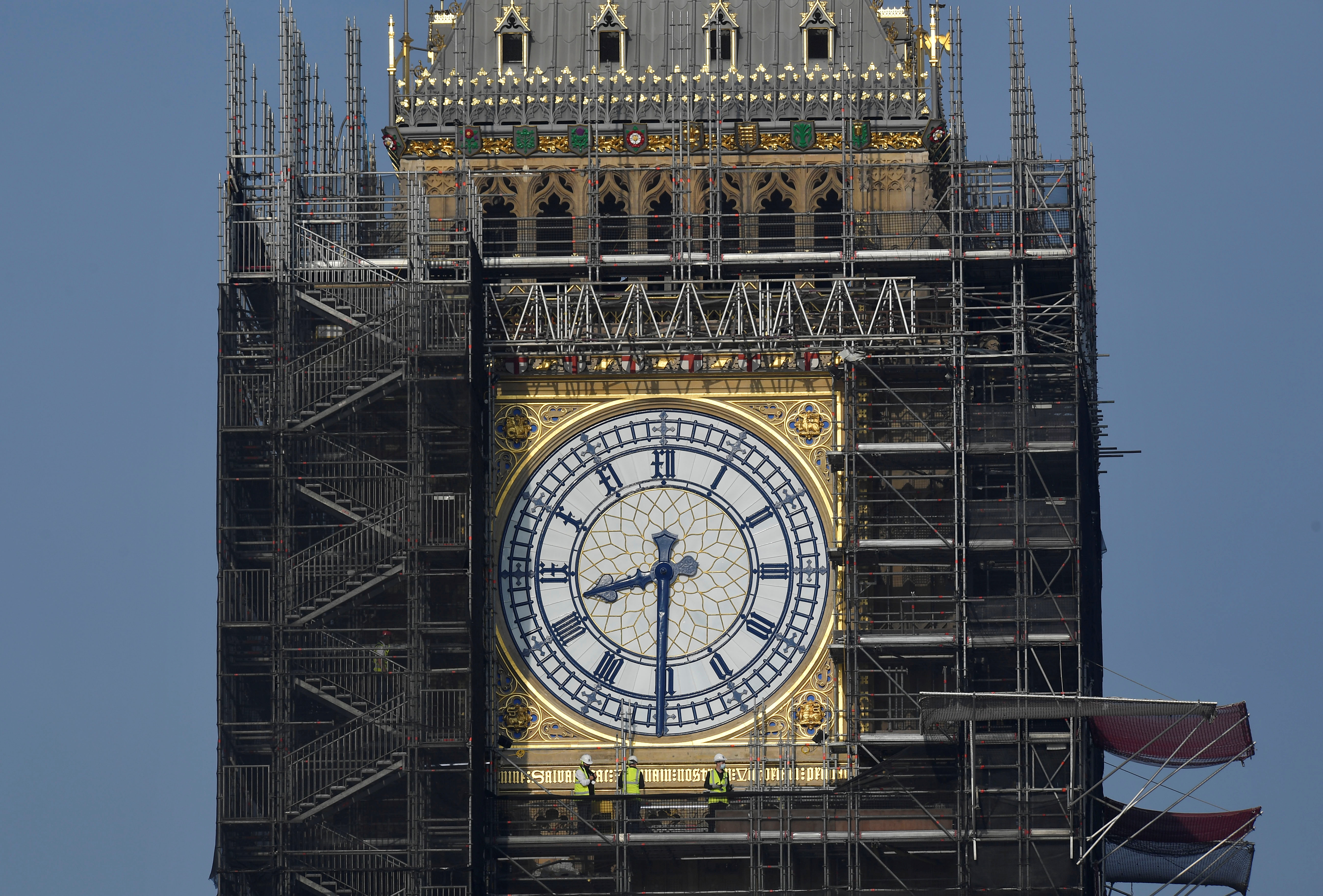 Big Ben clock hands restored to original blue colour as renovations continue at the Houses of Parliament, London