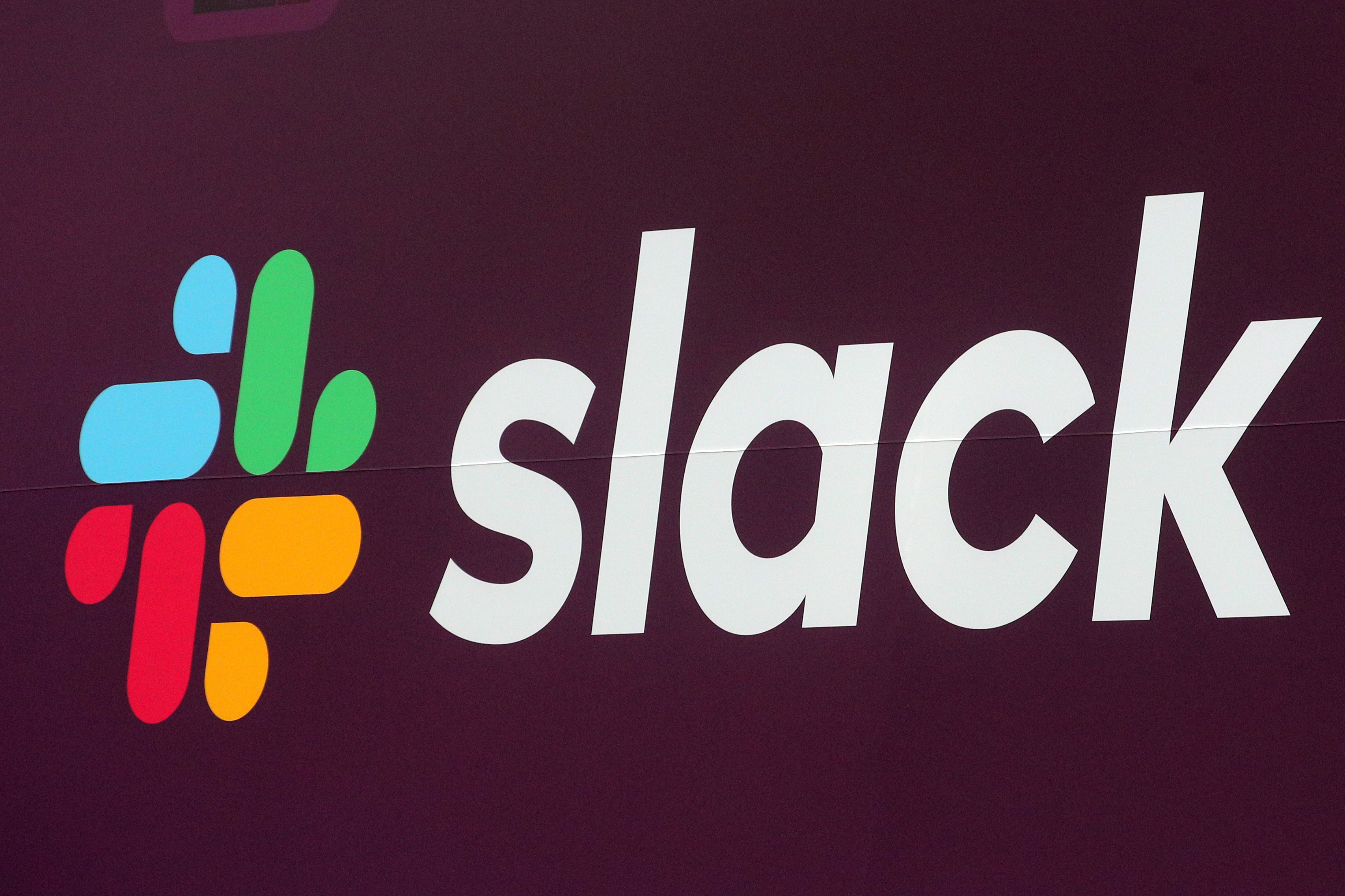 The Slack Technologies Inc. logo is seen on a banner outside the New York Stock Exchange (NYSE) during thew company's IPO in New York