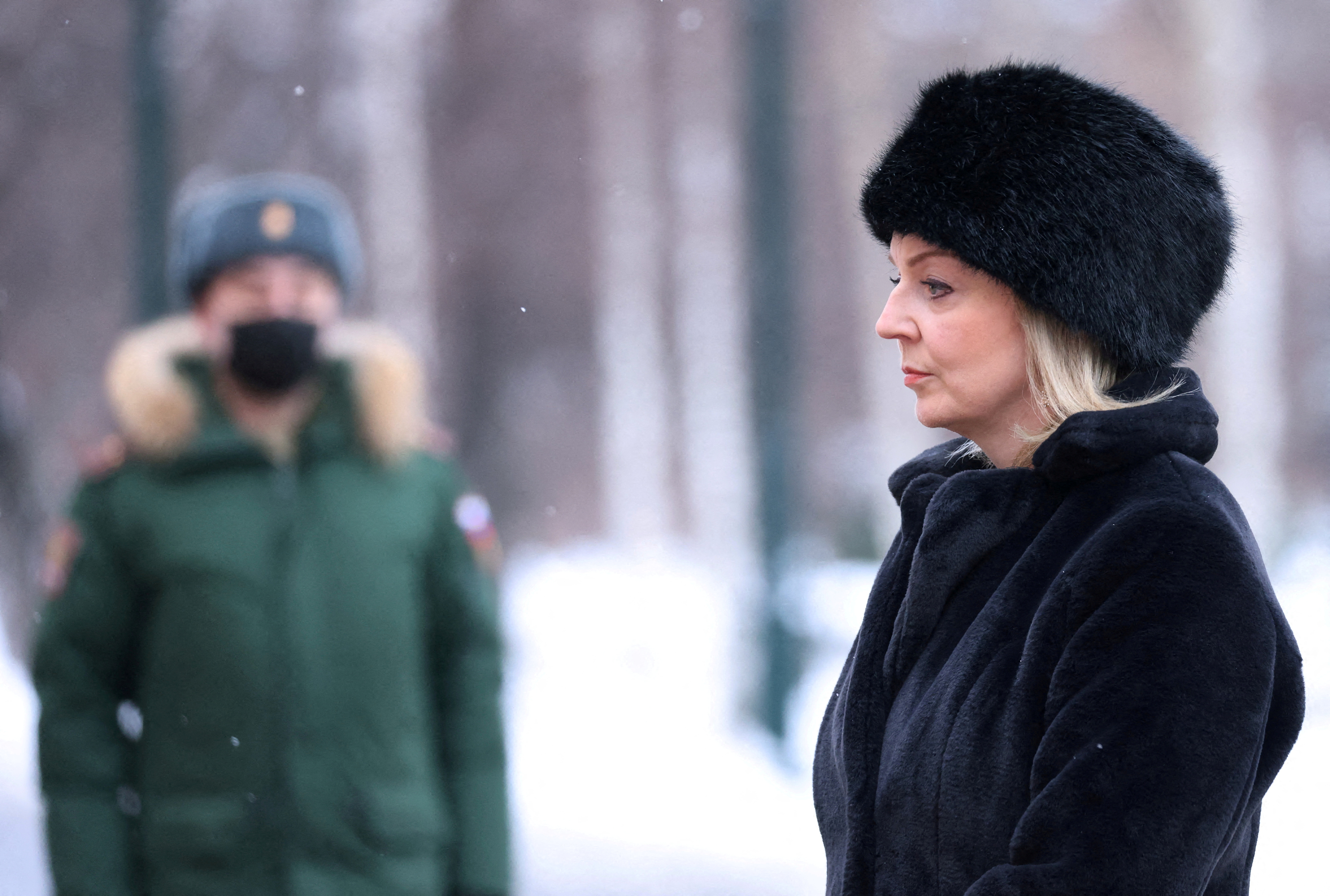 British Foreign Secretary Liz Truss takes part in a wreath-laying ceremony in Moscow