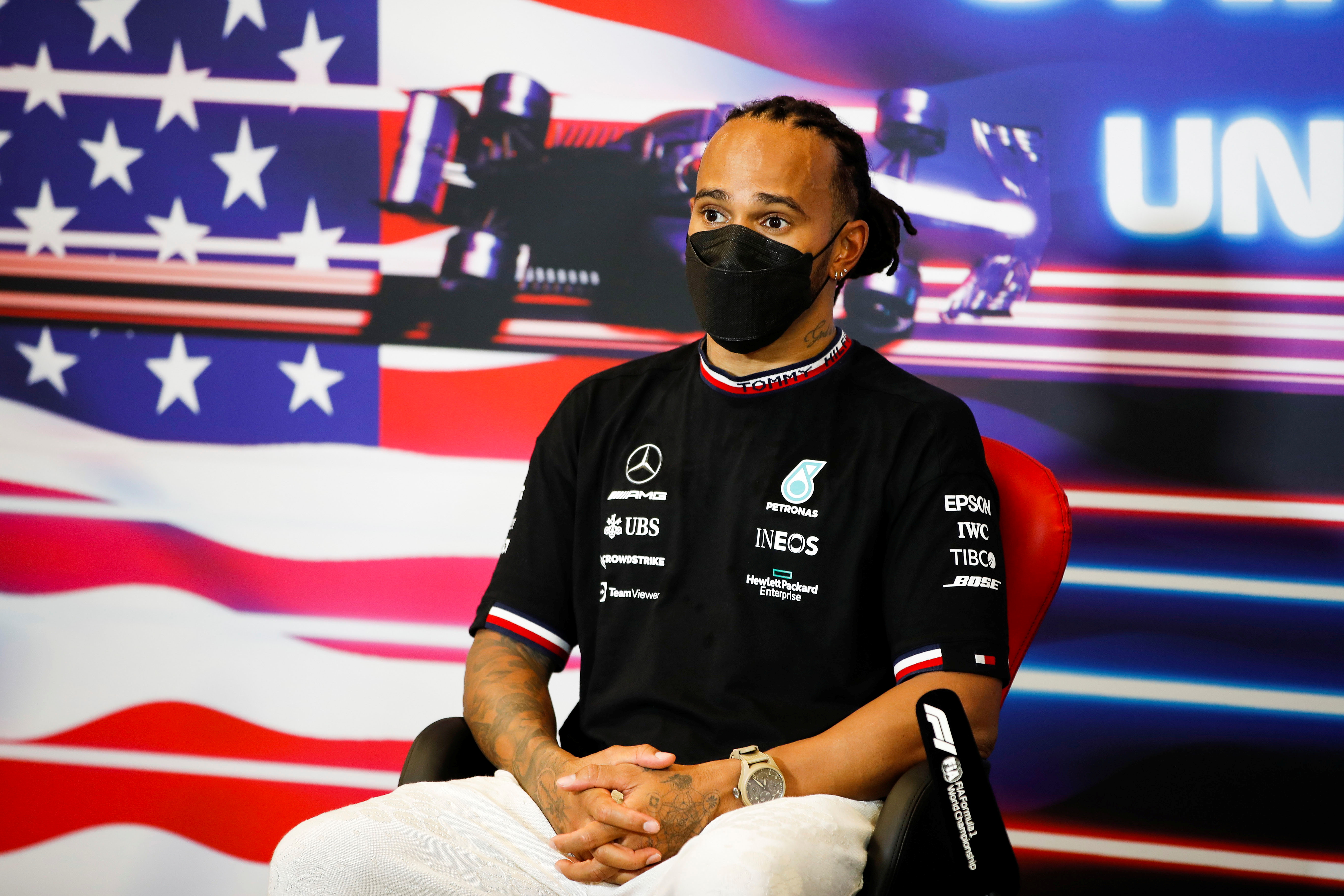 Formula One F1 - United States Grand Prix - Circuit of the Americas, Austin, Texas, U.S. - October 24, 2021 Mercedes' Lewis Hamilton during a press conference after finishing the United States Grand Prix in second place  FIA/Handout via REUTERS   