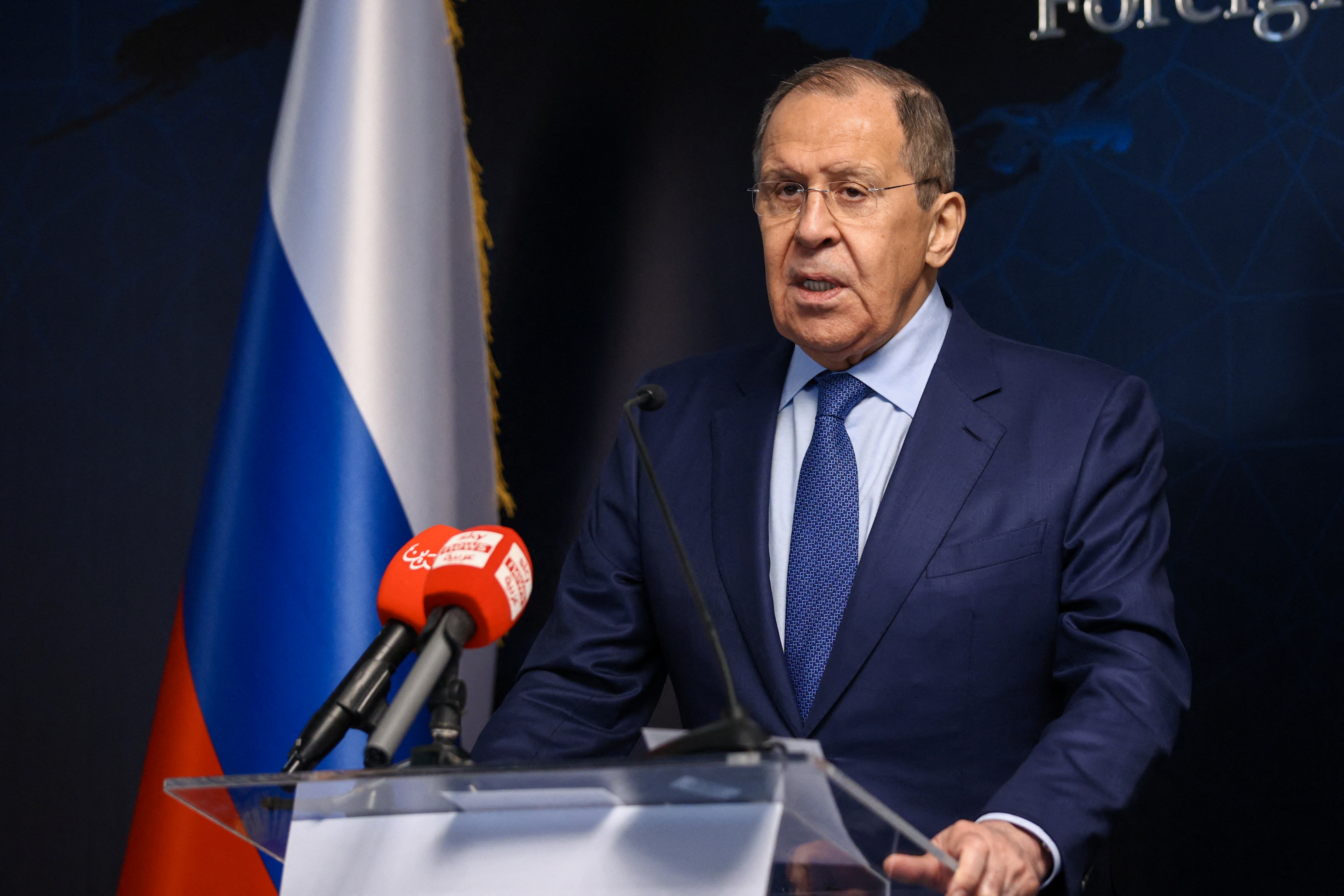 Russia's Foreign Minister Sergei Lavrov attends a news conference following talks with Bahrain's Foreign Minister Abdullatif Al Zayani in Manama, Bahrain May 31, 2022. Russian Foreign Ministry/Handout via REUTERS