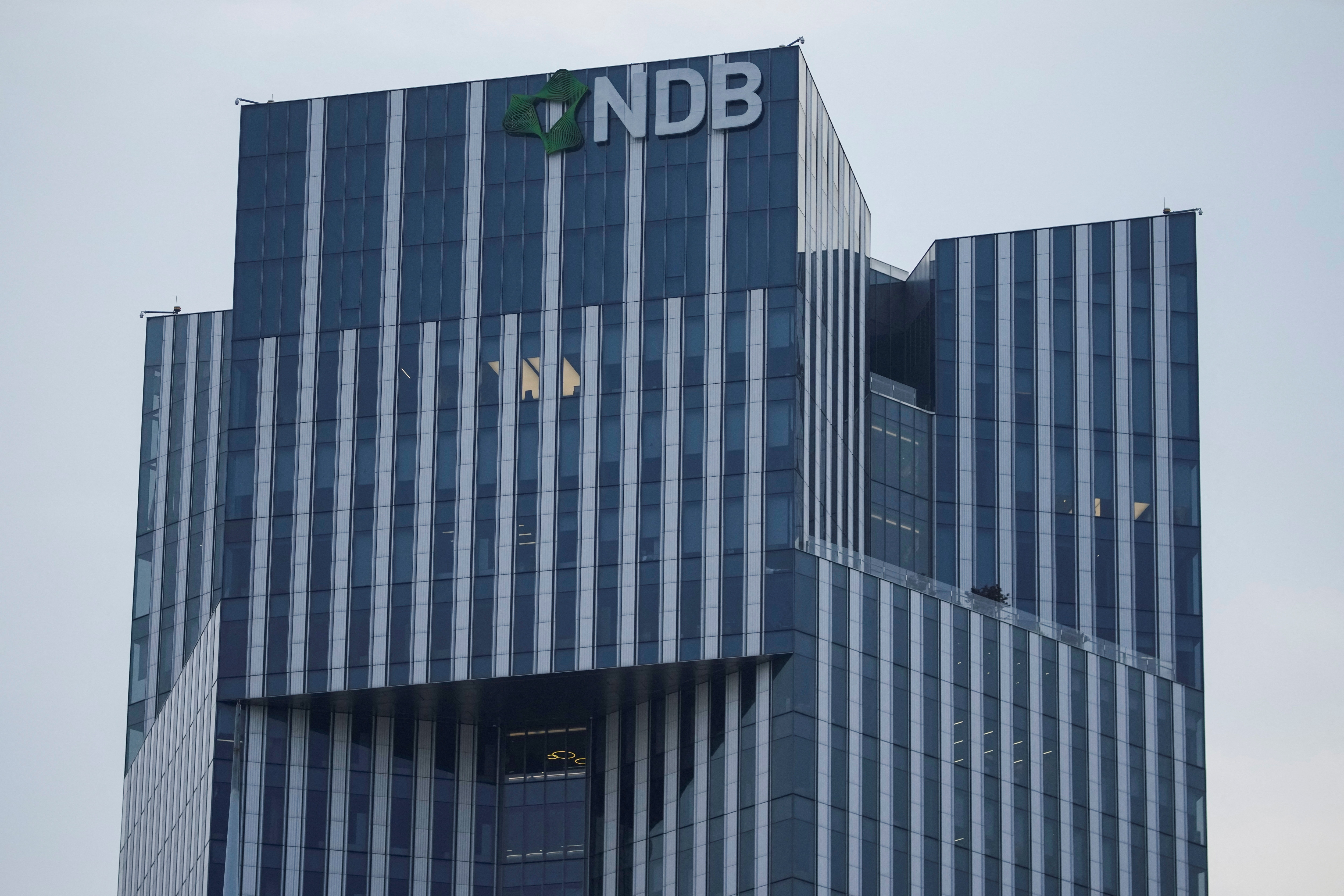 A sign of the New Development Bank (NDB) is pictured at its headquarters in Shanghai