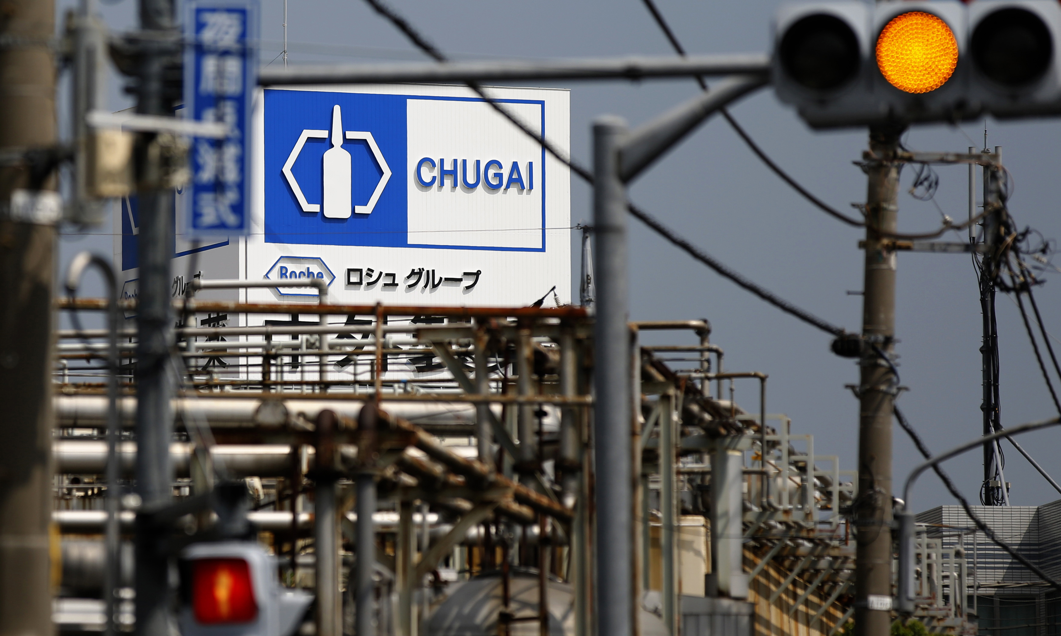 Signboard of Chugai Pharmaceutical Co is seen at the company factory in Tokyo