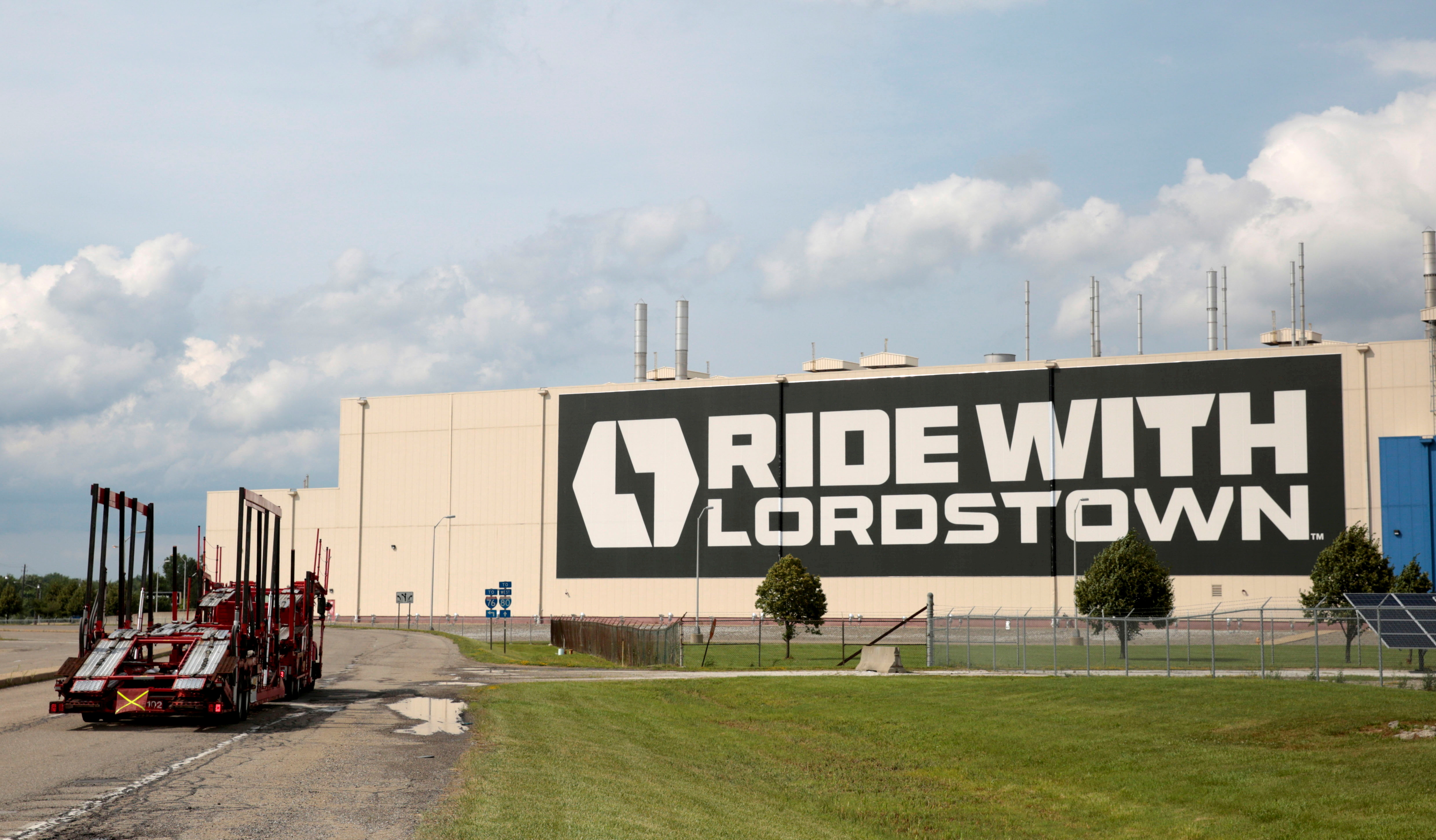 A 'Ride With Lordstown' sign is seen outside the Lordstown Assembly Plant