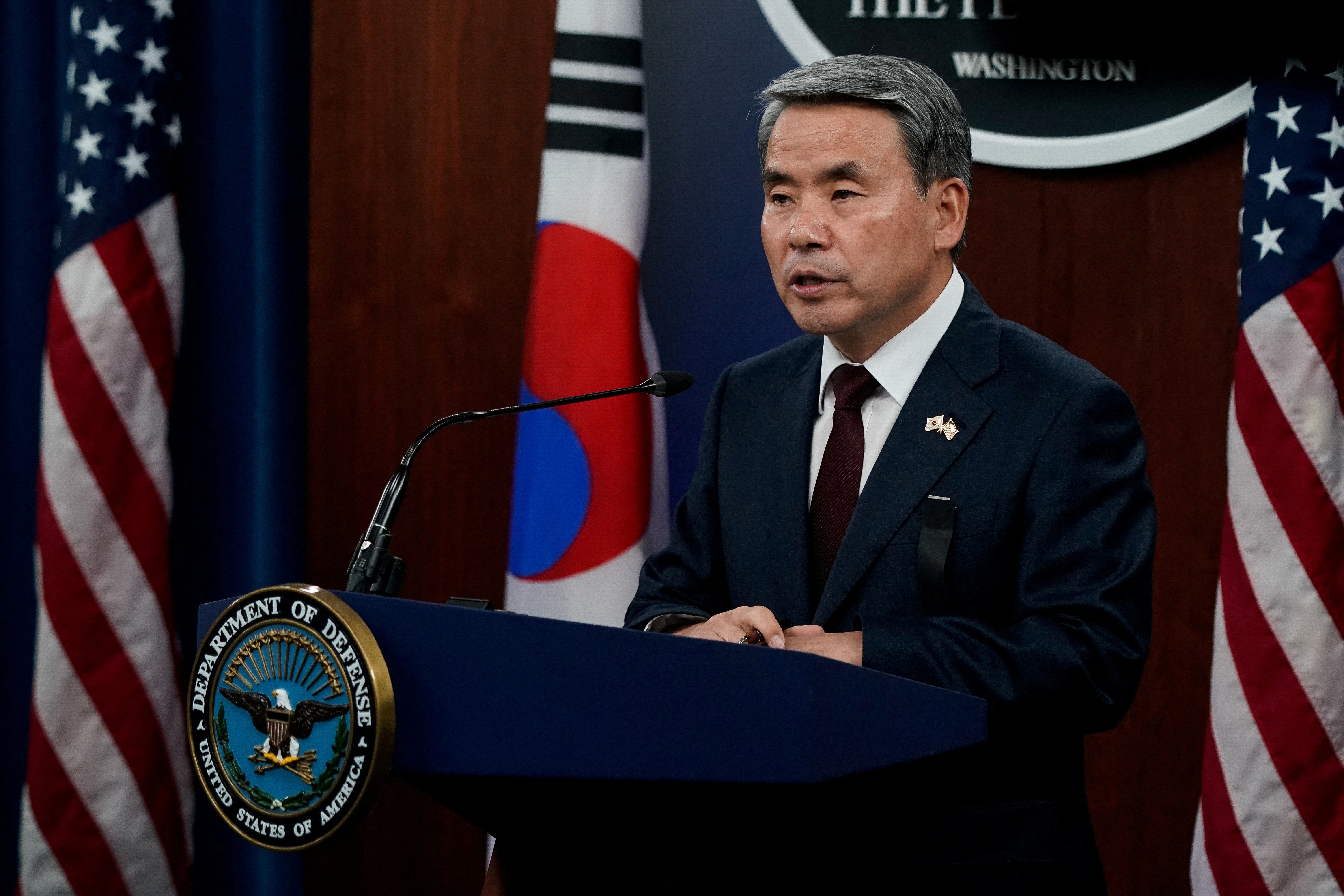 U.S. Defense Secretary Lloyd Austin and South Korea’s Defense Minister Jong-Sup Lee hold a news conference at the Pentagon in Arlington