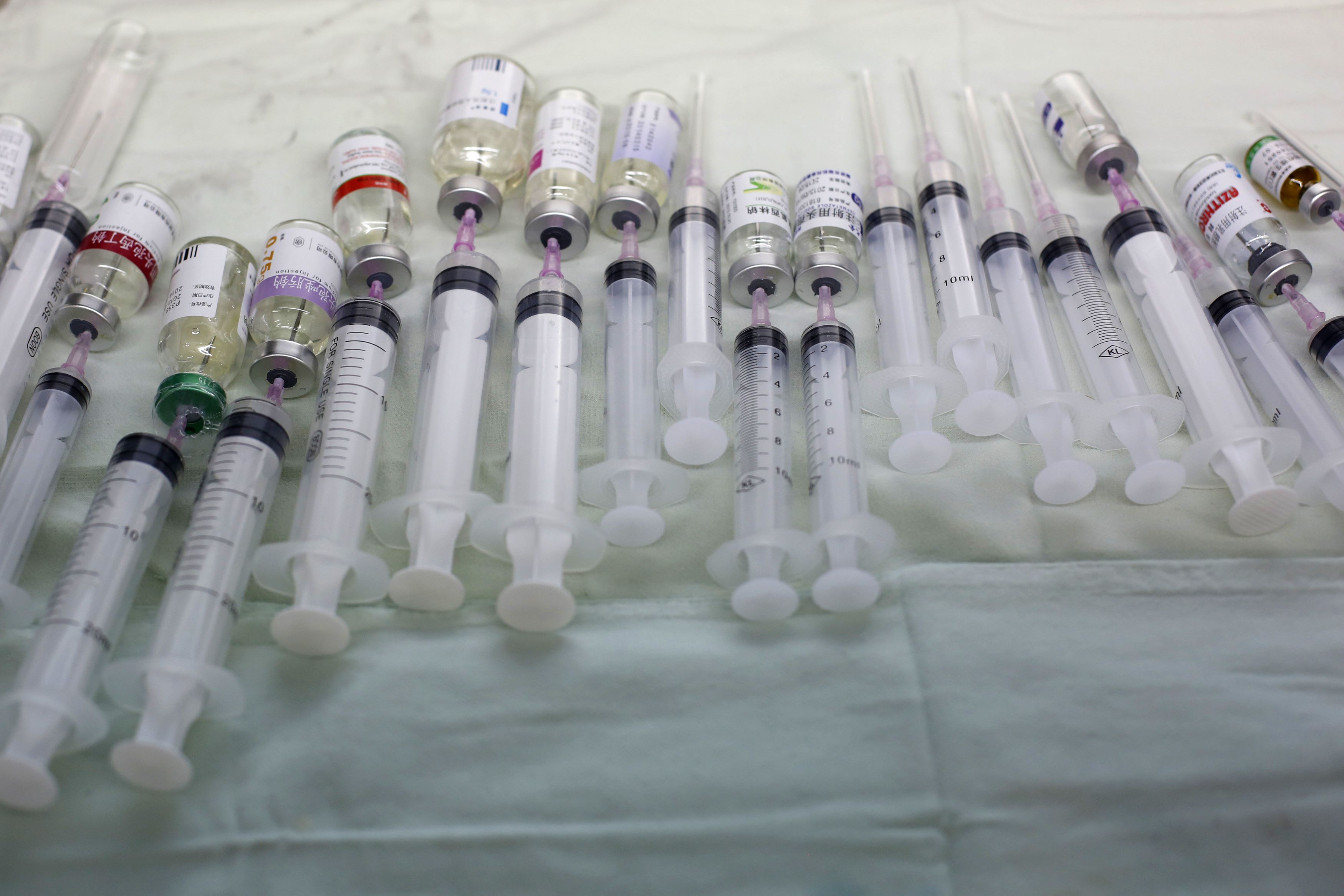 Injectable drugs are pictured inside an injection room at a hospital in Shanghai