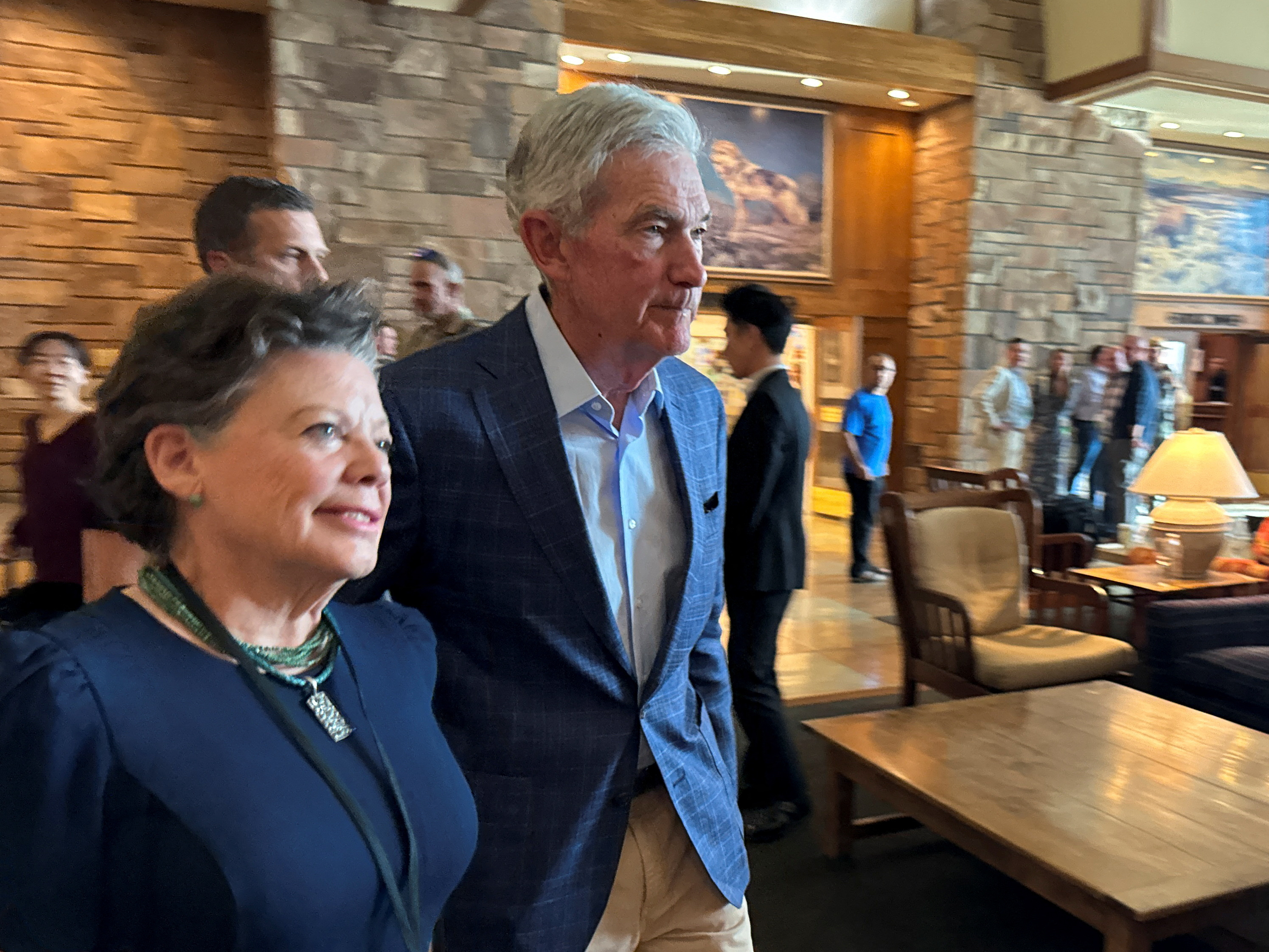 Federal Reserve Chair Jerome Powell heads into the opening dinner at the Kansas City Fed’s annual economic symposium in Jackson Hole