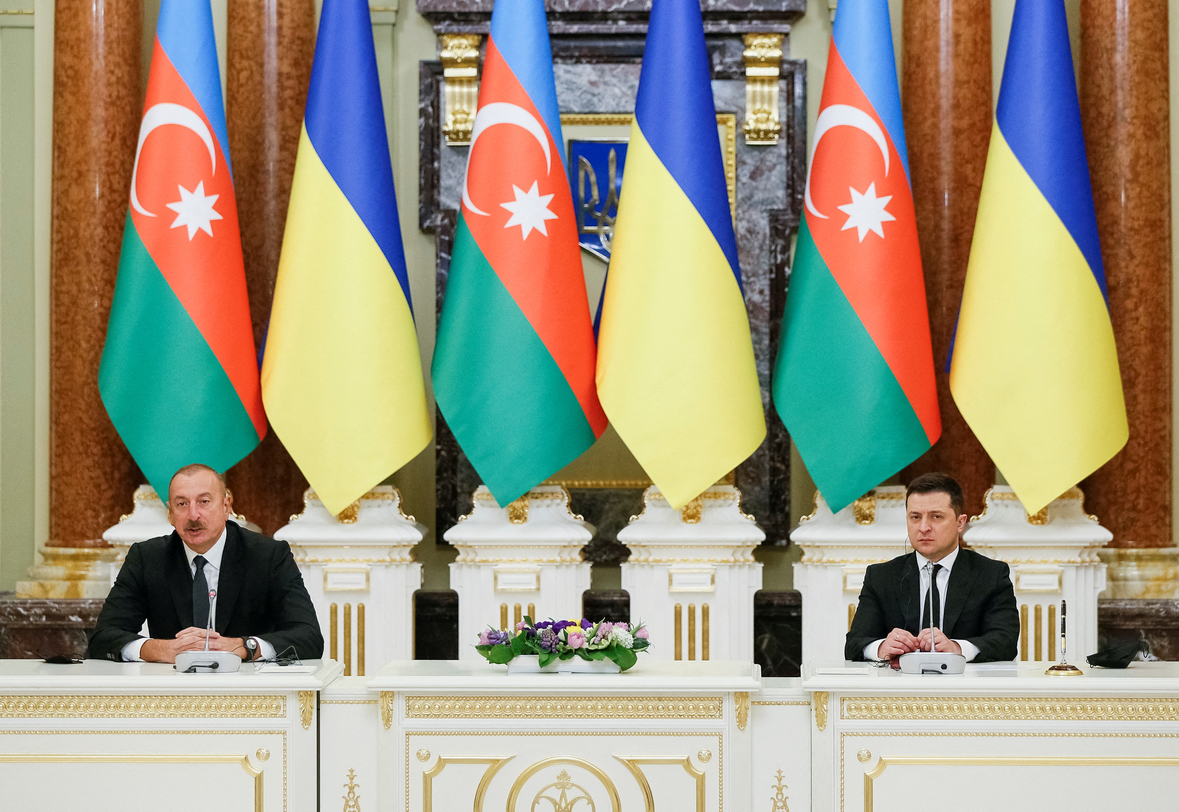 Ukrainian President Zelenskiy and Azerbaijan's President Aliyev deliver a joint statement in Kyiv