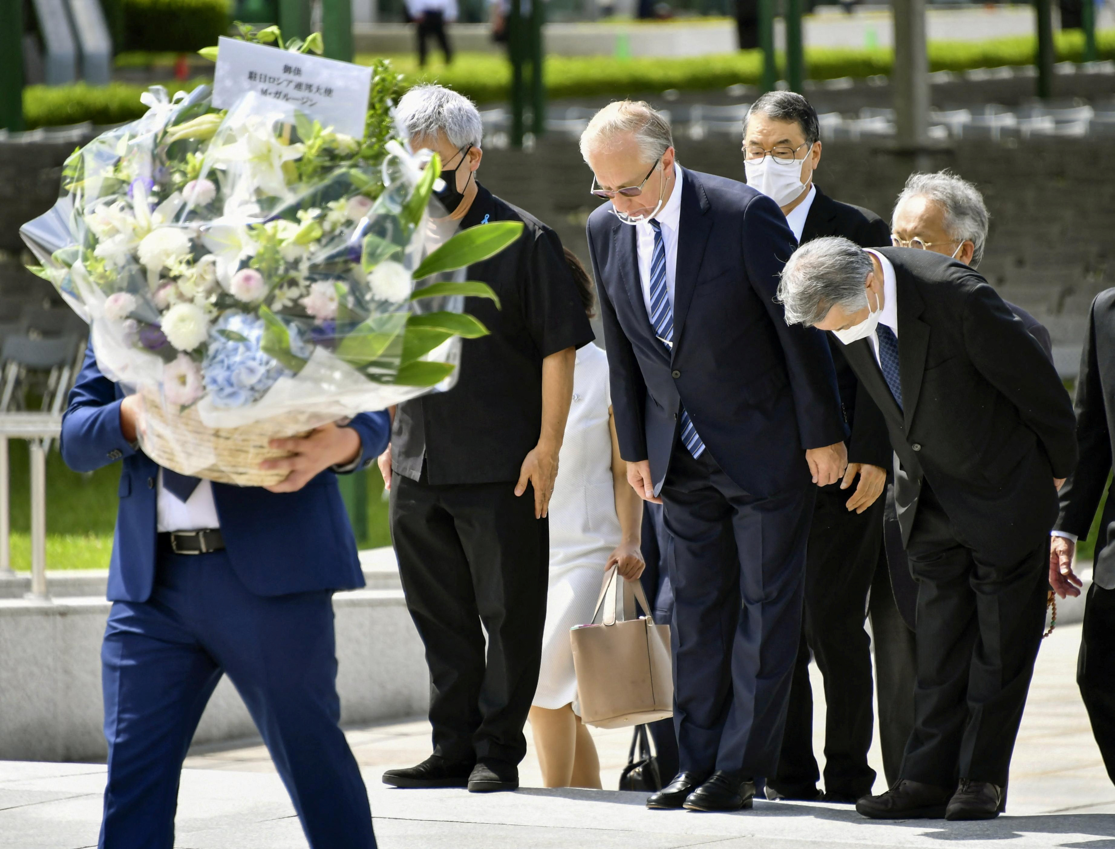 Russian Ambassador to Japan Mikhail Yurievich Galuzin and other officials visit Peace Memorial Park in Hiroshima, western Japan